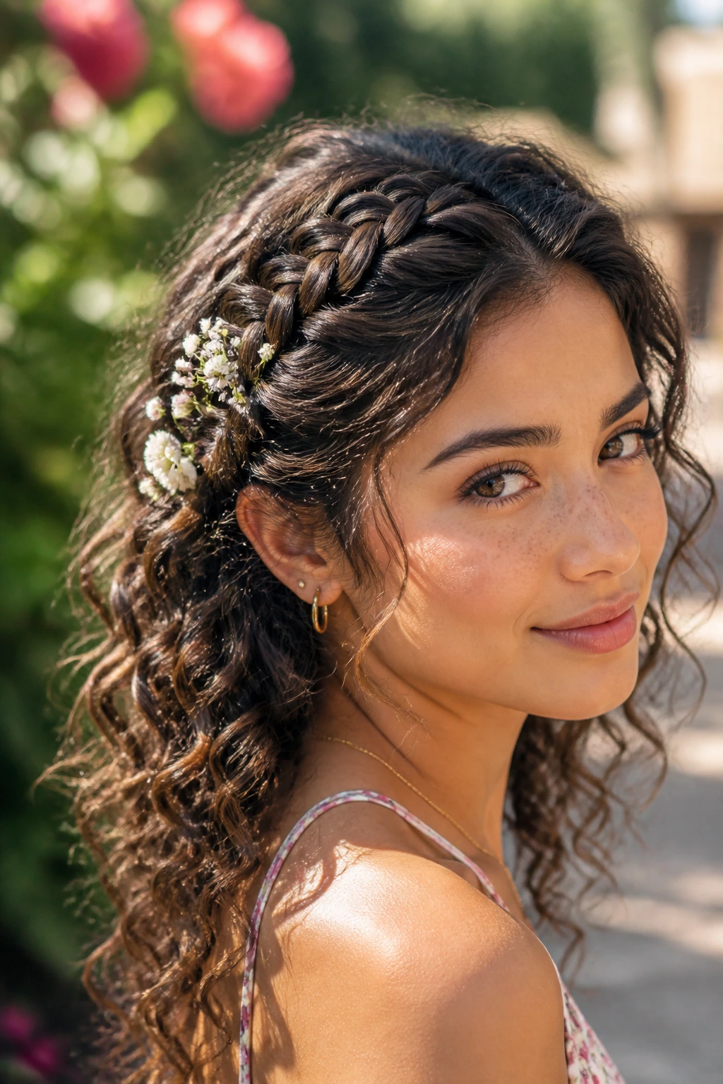 Close-up of real woman with deep side part and bohemian braid with flowers