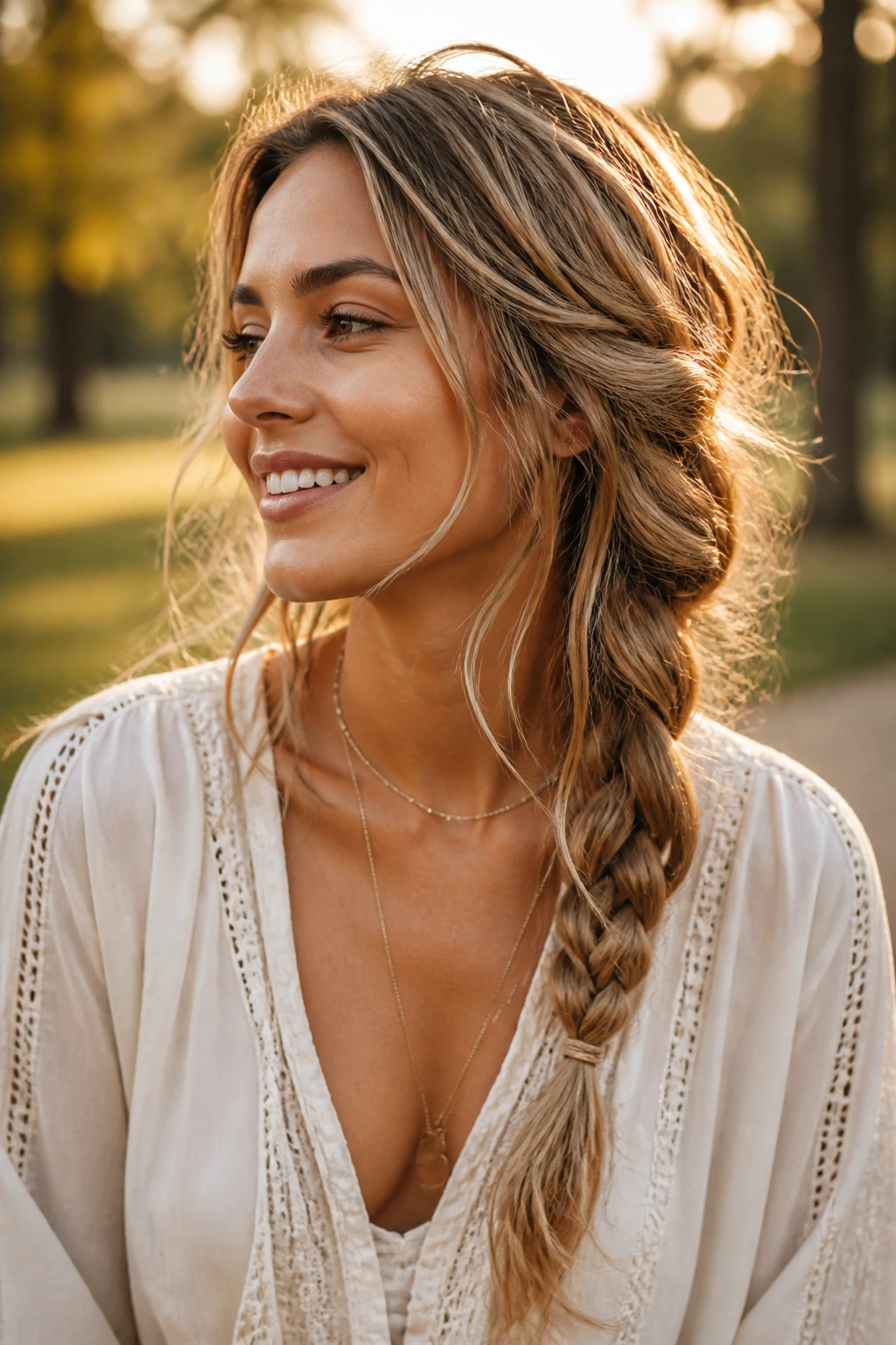 Close-up of a real woman with a messy bohemian side braid in a park at golden hour.