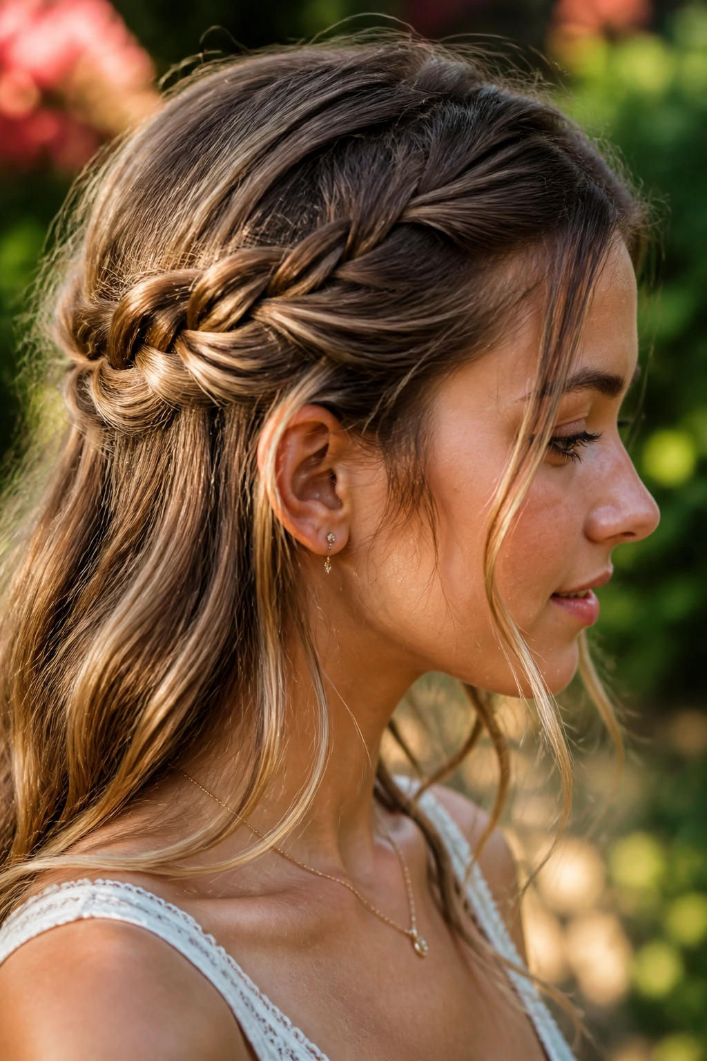 Profile view of a person with a partial crown braid across the head