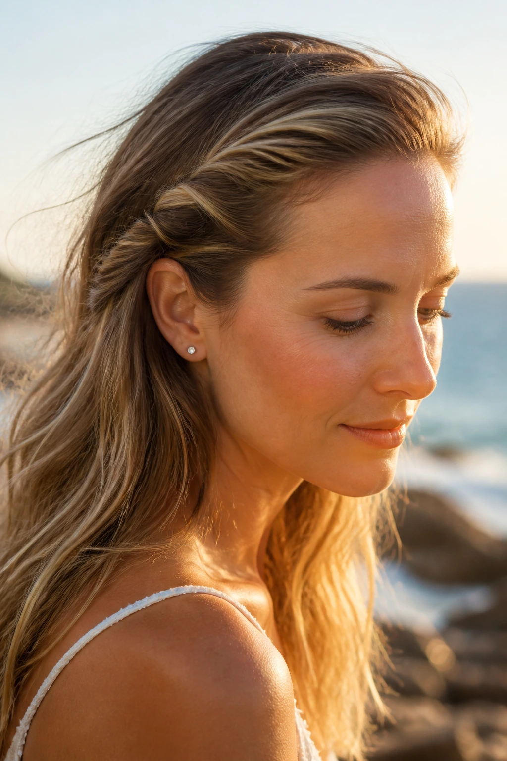 Close-up of a real woman with a bohemian side twist hairstyle at the beach