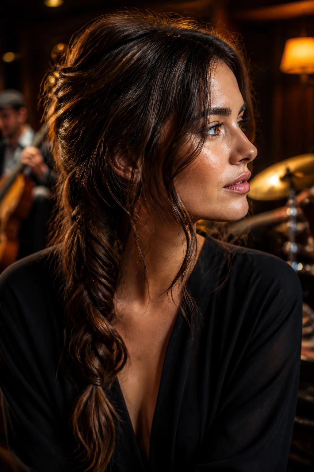 Close-up of a woman with a weathered three-strand braid and soft waves.