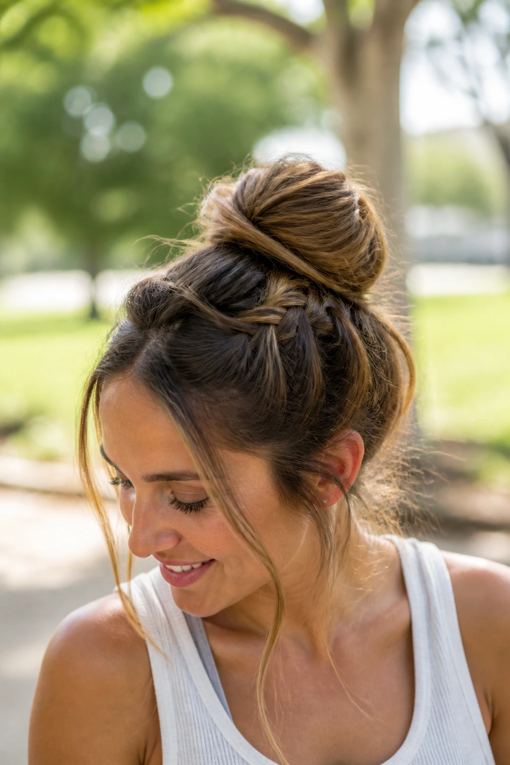 Close-up of a real woman with a bohemian top knot braid outdoors in sunlight
