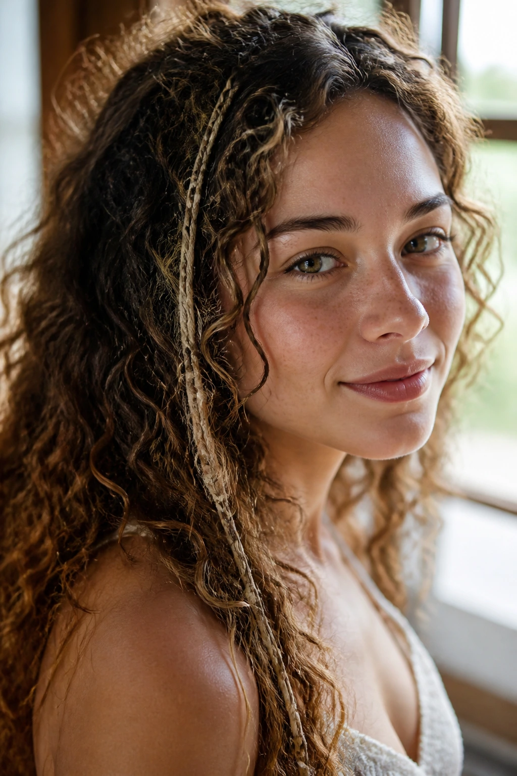 Close-up of a real woman with curls showing a braided section woven with hemp twine for a bohemian look