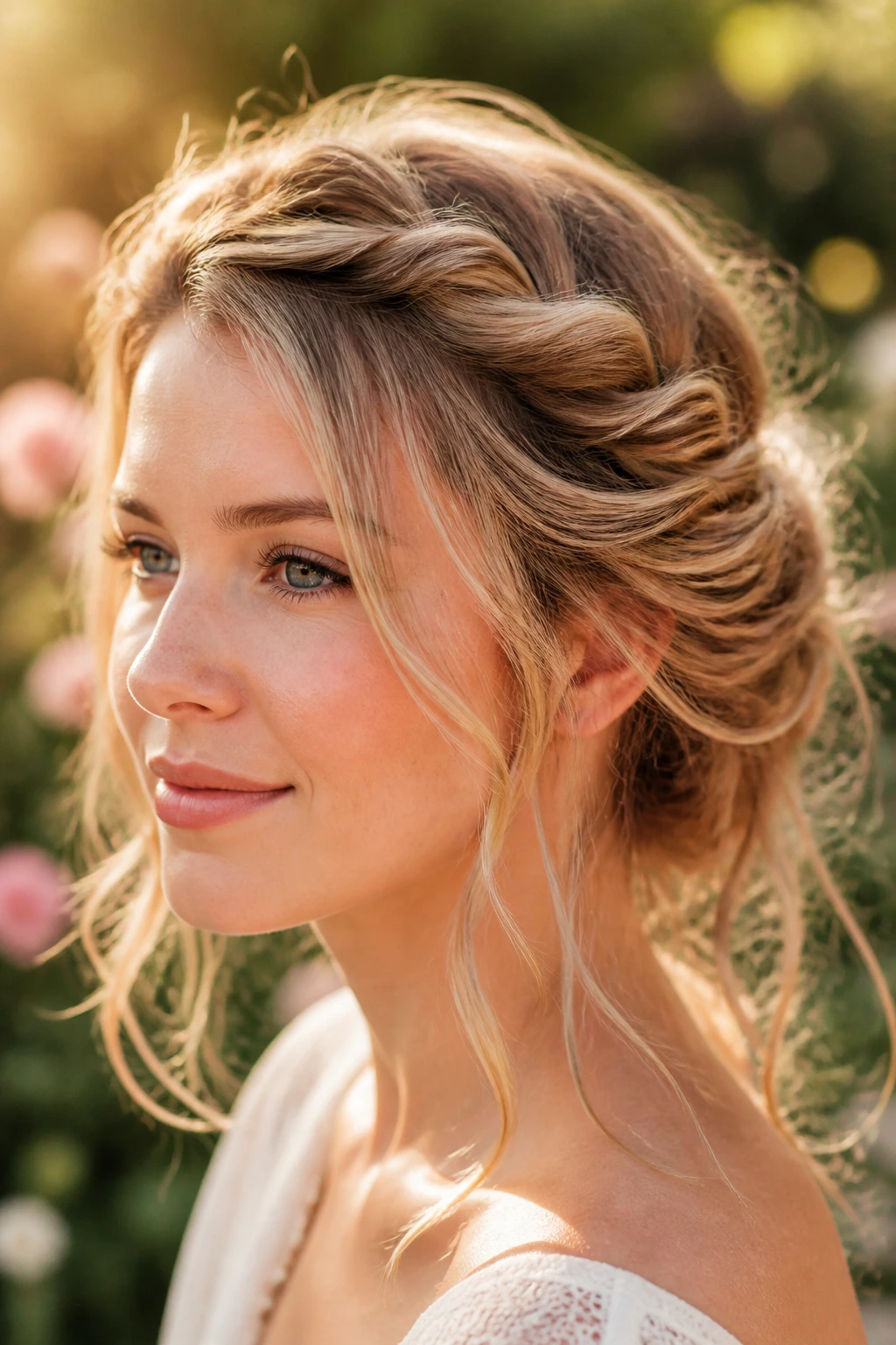 Close-up of real woman wearing a bohemian twisted crown outdoors at golden hour