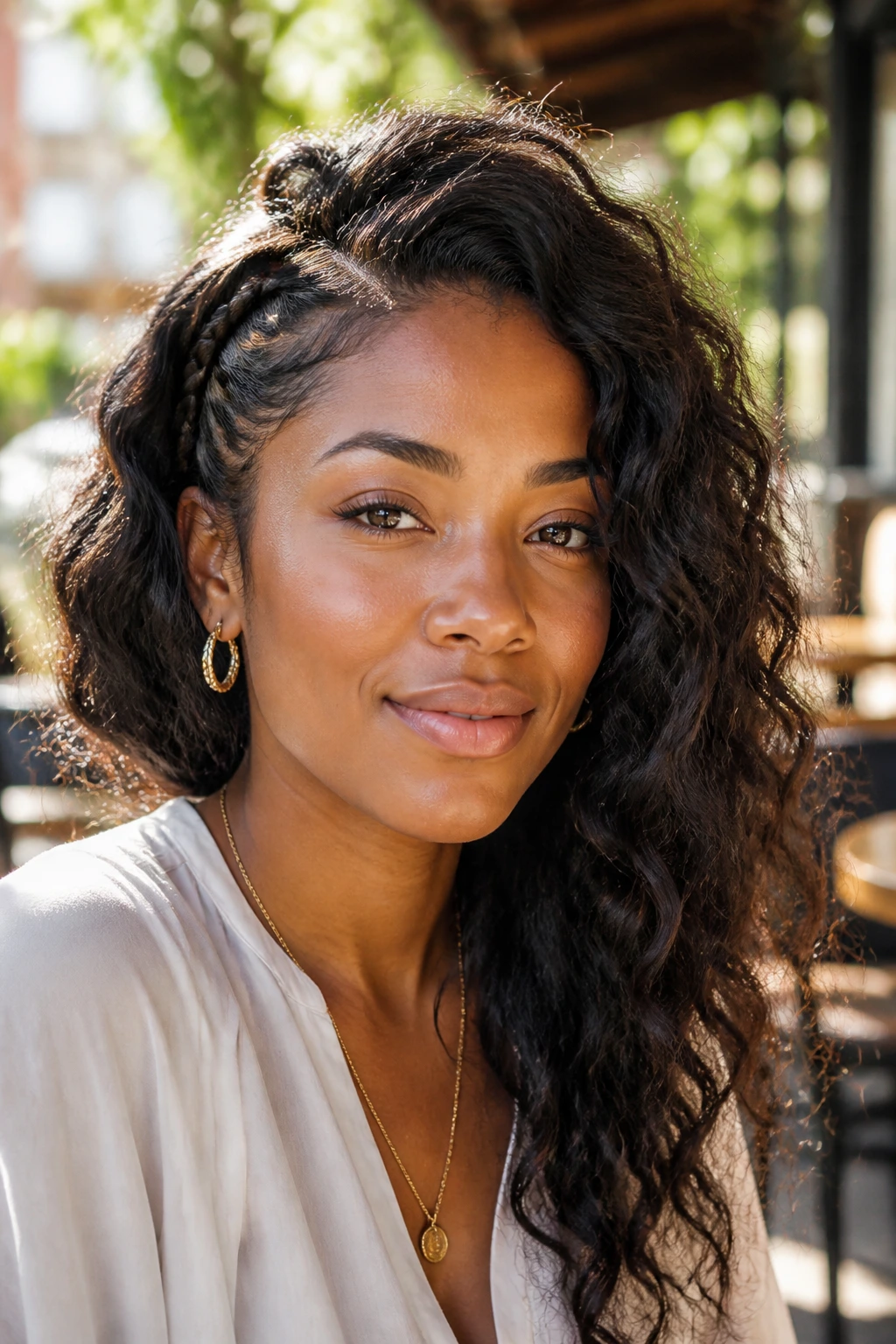 Close-up of a real woman with bohemian waves and side braid detail