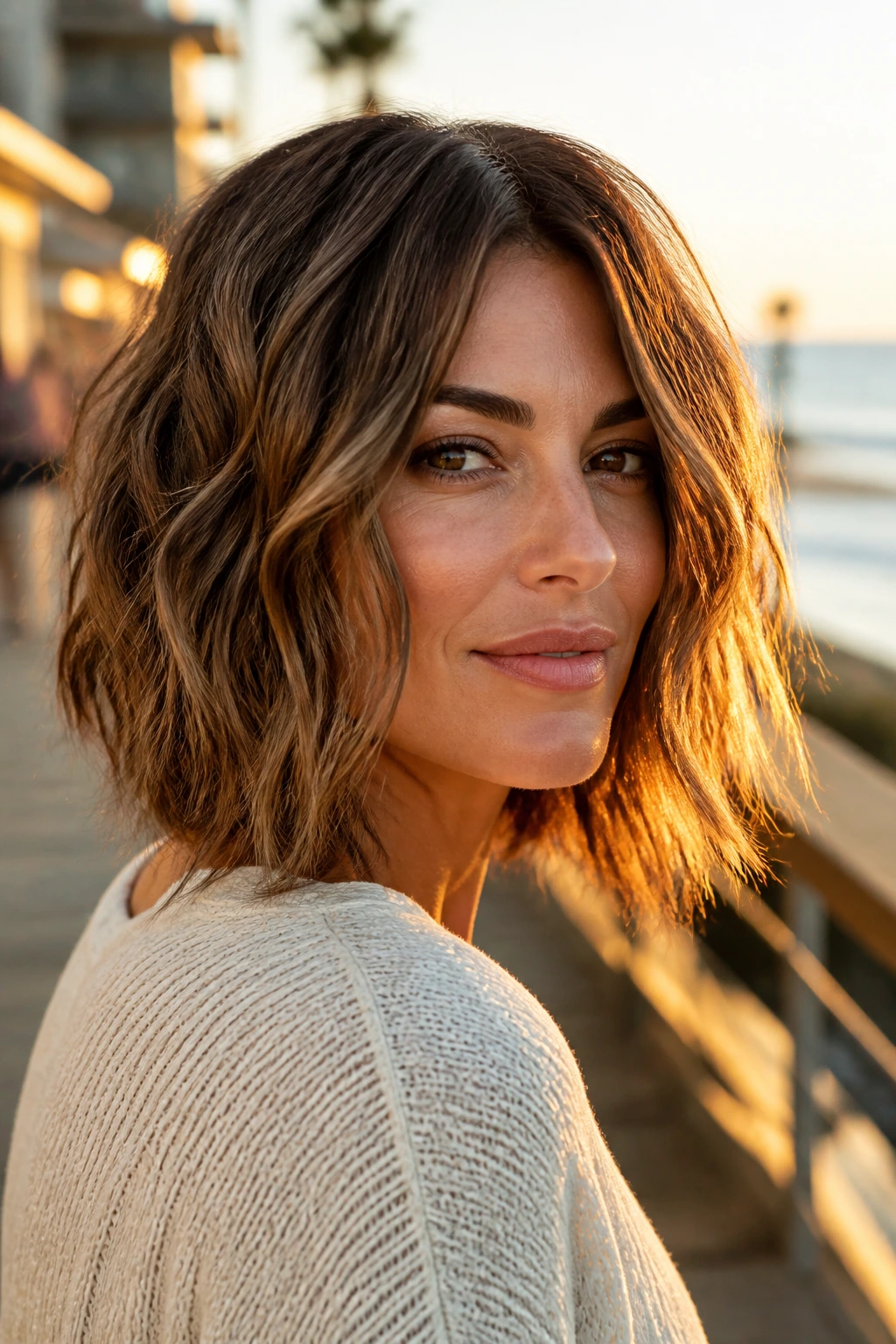 Portrait of a woman with a bohemian wavy layered bob in golden hour light, beachy waves.