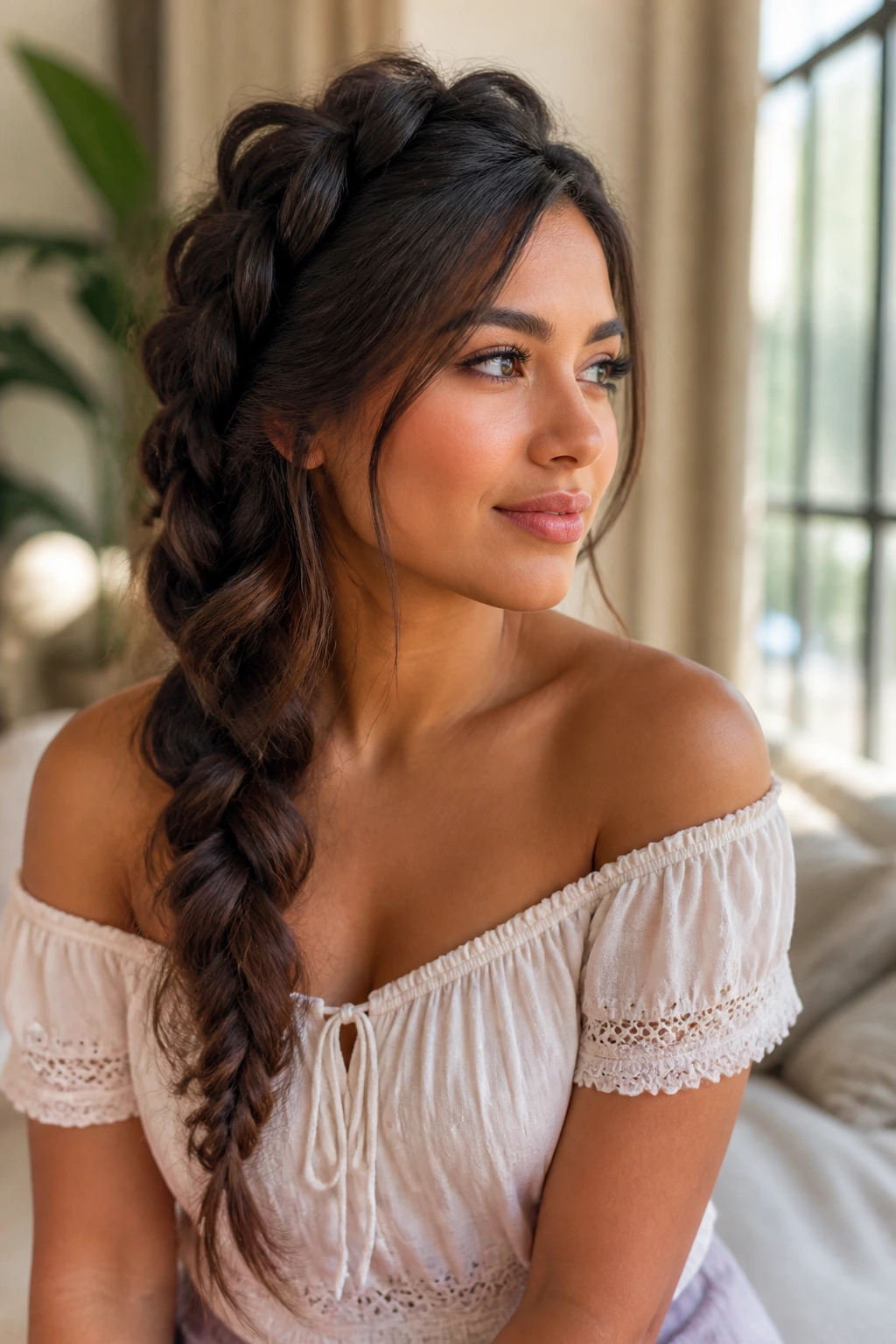Three-quarter portrait of a woman with a side-swept center-temple French braid flowing over her shoulder.