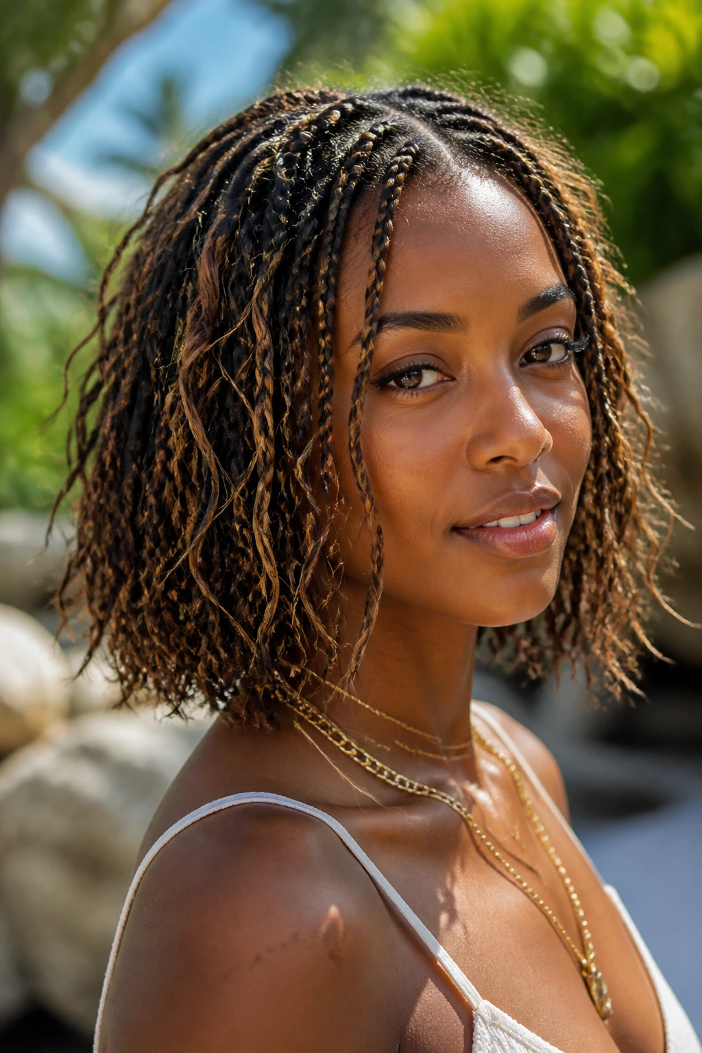 Close-up of a real person with boho-inspired braided bob and loose strands.