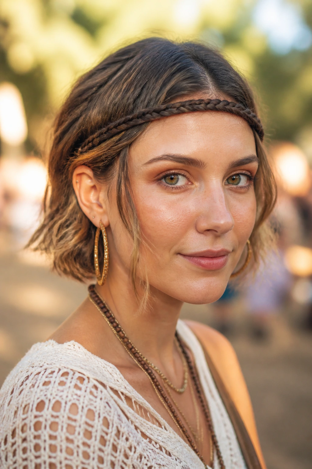 Close-up of The Boho Braided Headband on a real woman in golden hour light.
