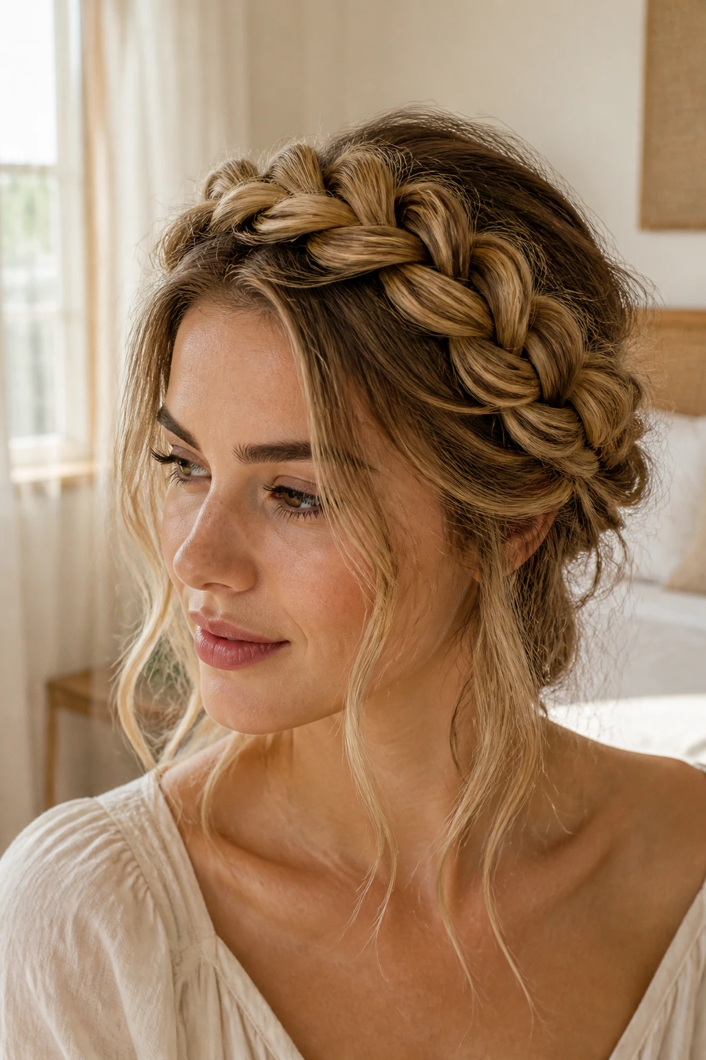 Close-up of real woman wearing a loose boho crown braid in sunlit bedroom