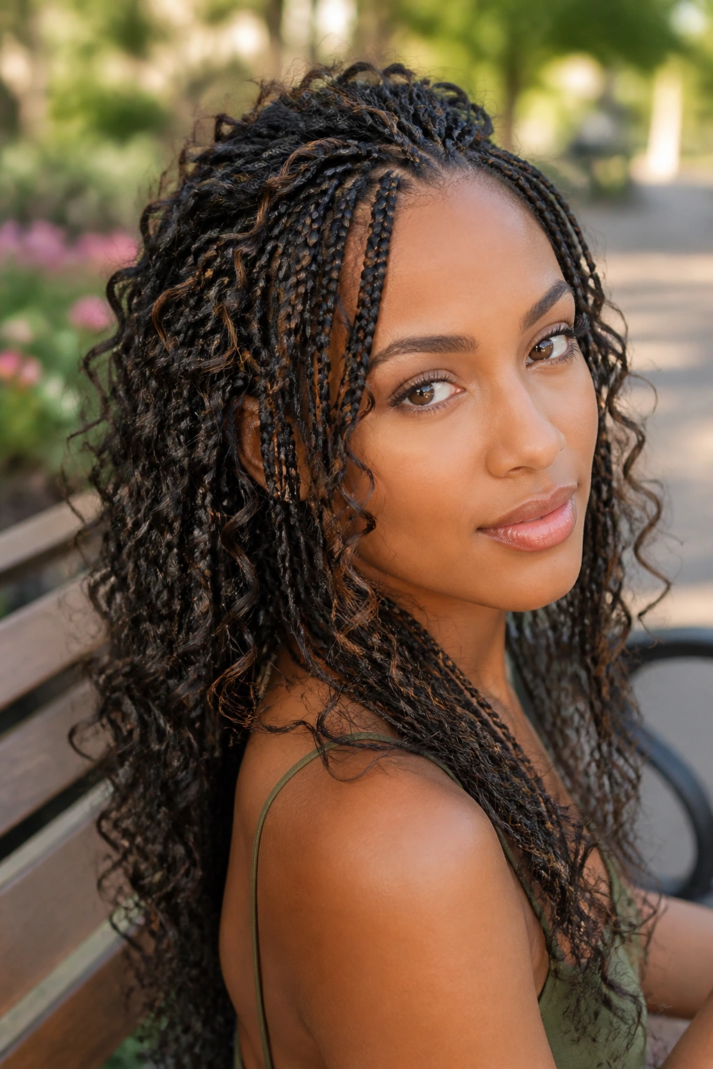 Close-up of Boho Goddess micro braids with loose curls on a real person.