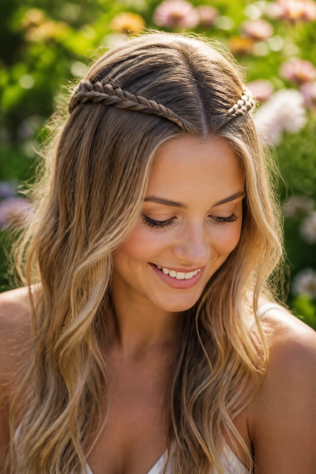 Close-up of a real person with two small front braids pulled back in a boho half-braid