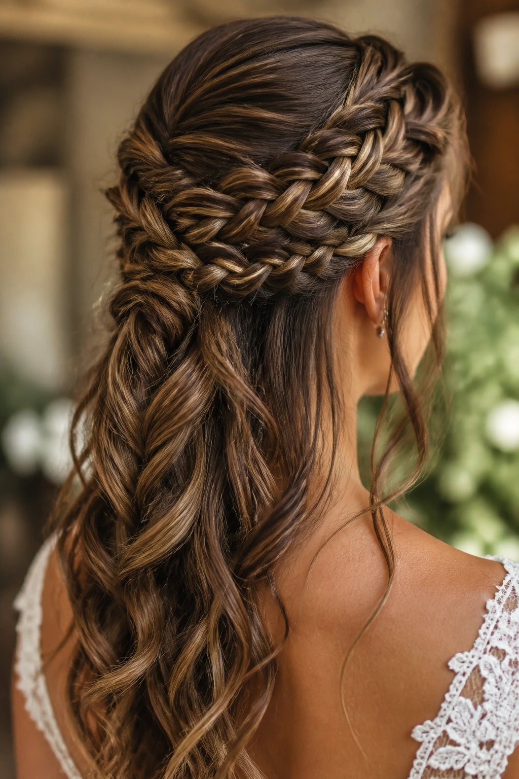 Bride with boho-luxe mixed braid in rustic setting