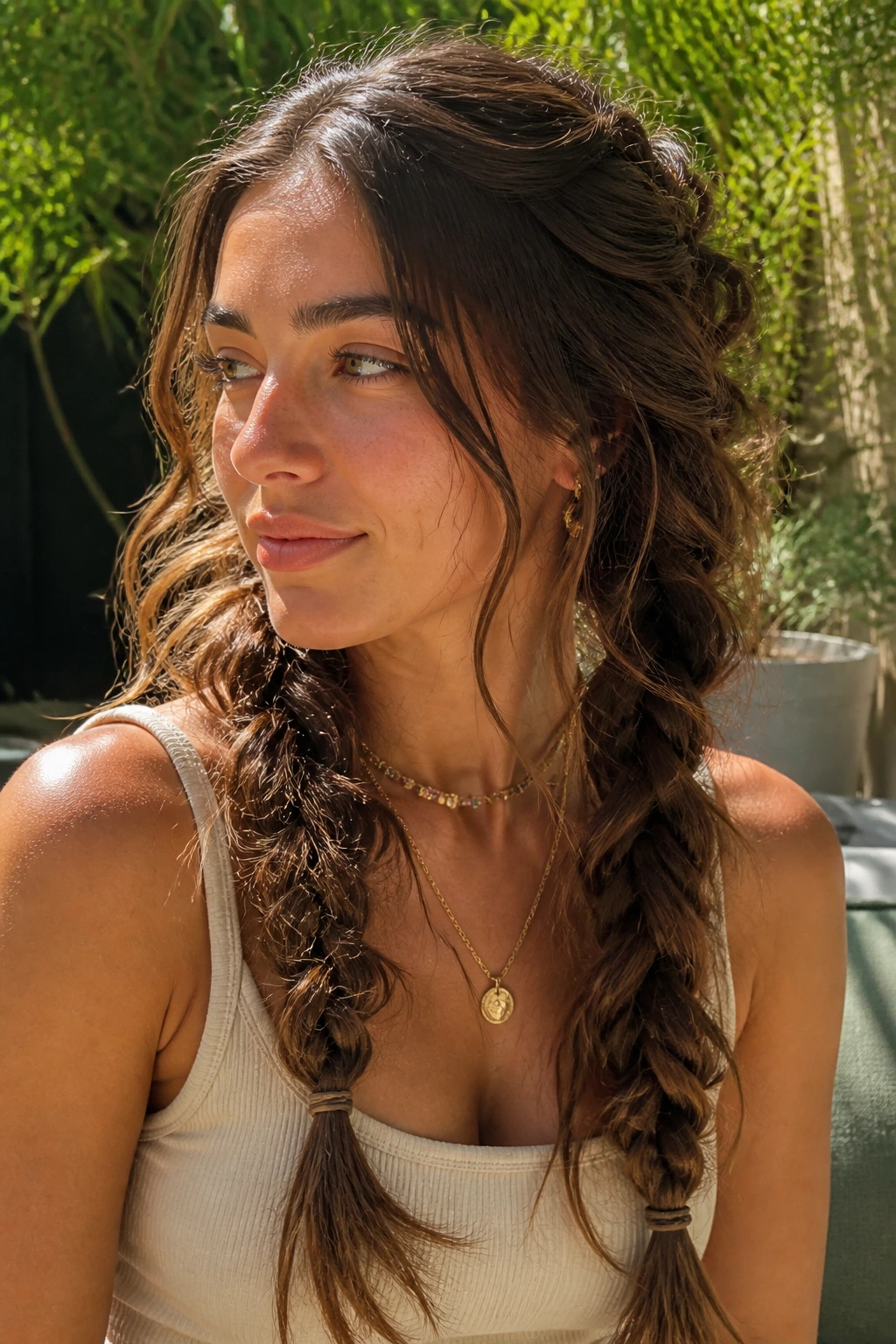 Close-up of a real woman with loose boho pigtails in natural light