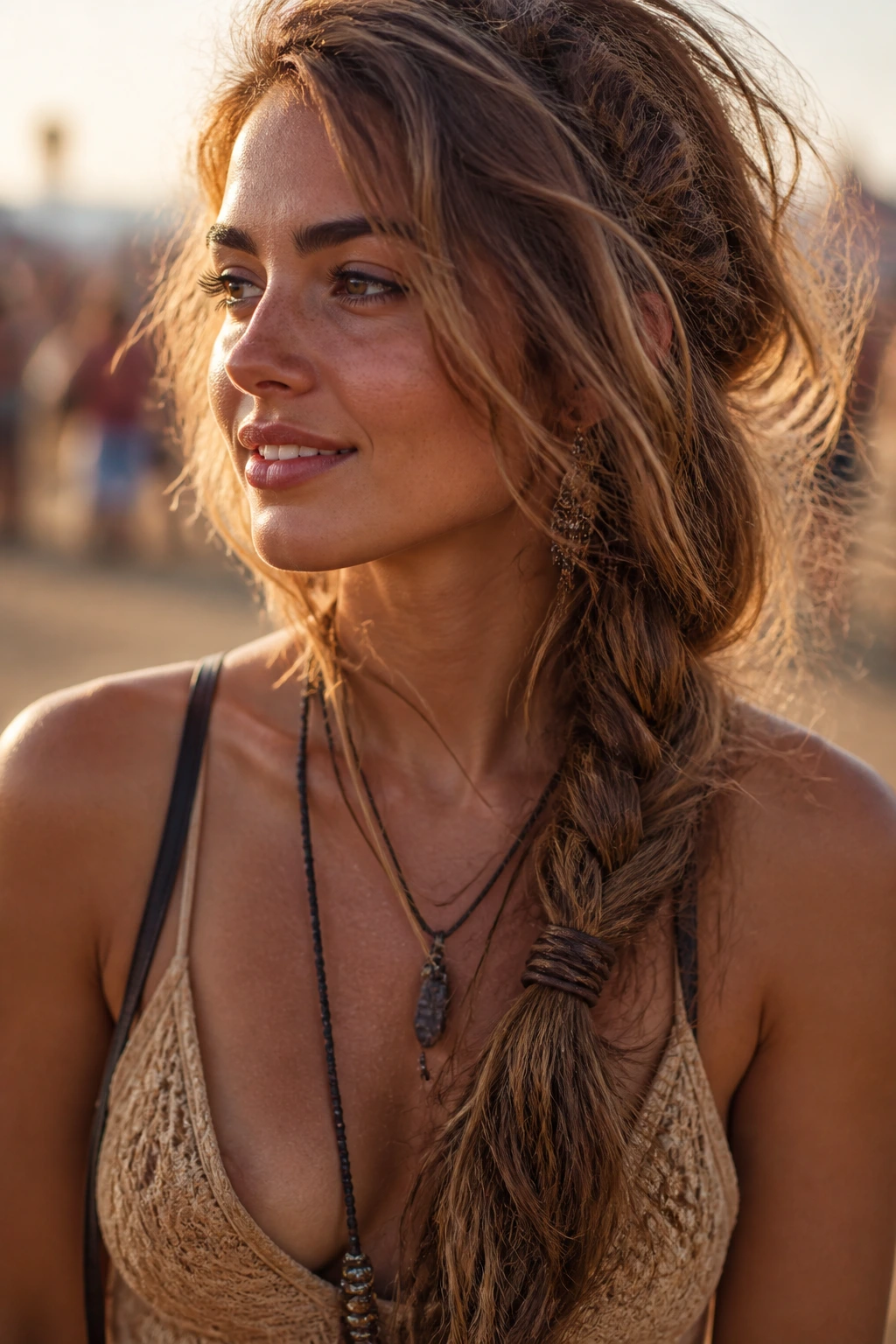 Close-up of a real person with a messy boho side braid at a sunlit festival