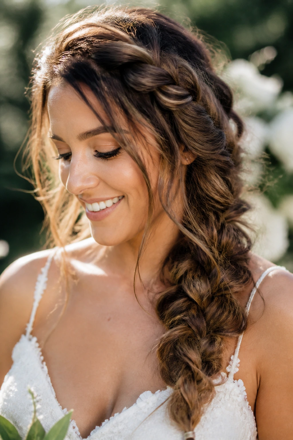 Close-up of real bride with a messy bohemian side braid, wispy strands framing the jaw.