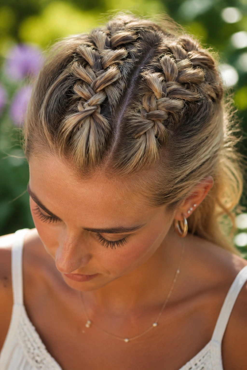 Real woman with three crown braids gathered into a low ponytail