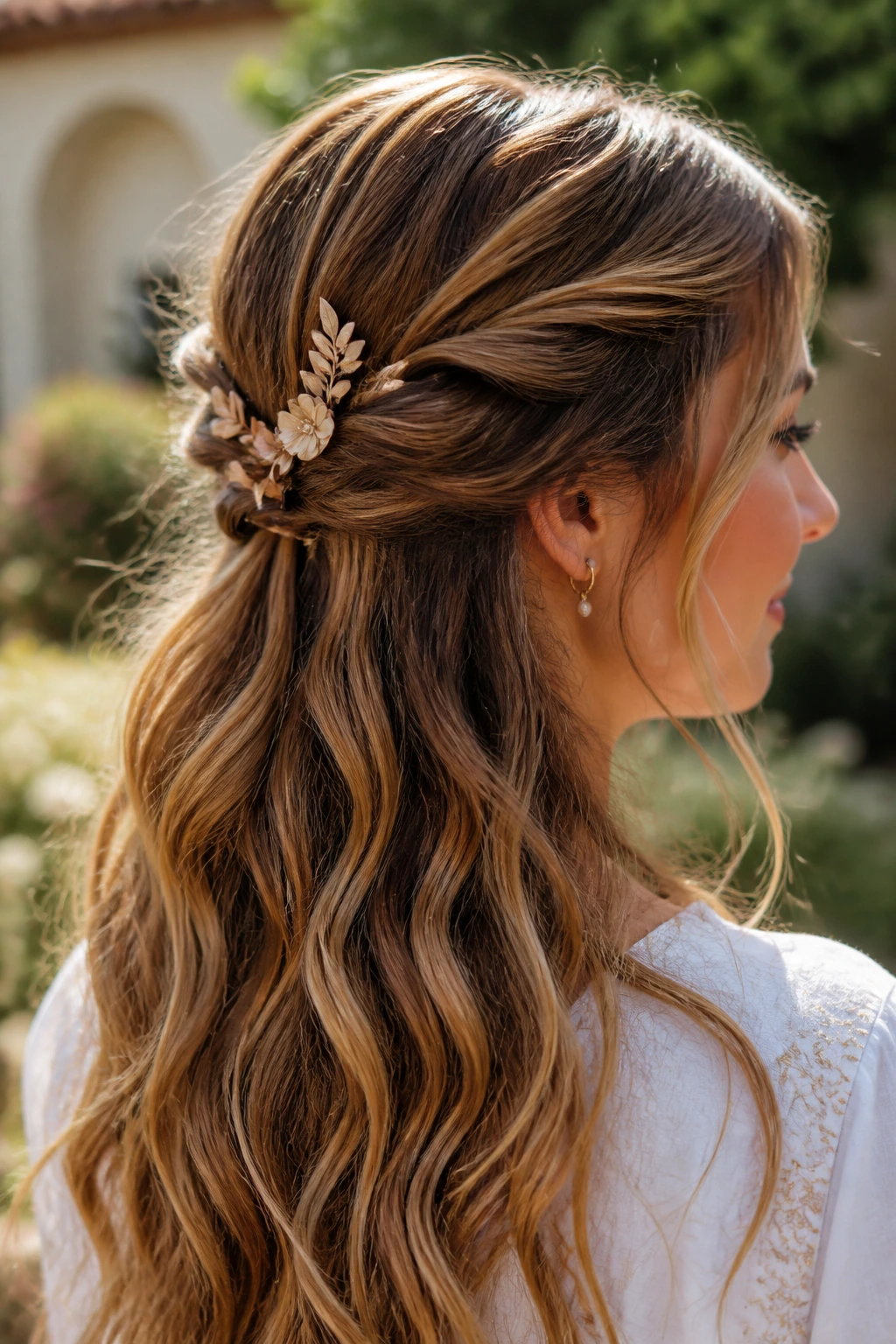 Half-Up Boho Twist with Wildflower Pins close-up of a real person with twists and floral pins