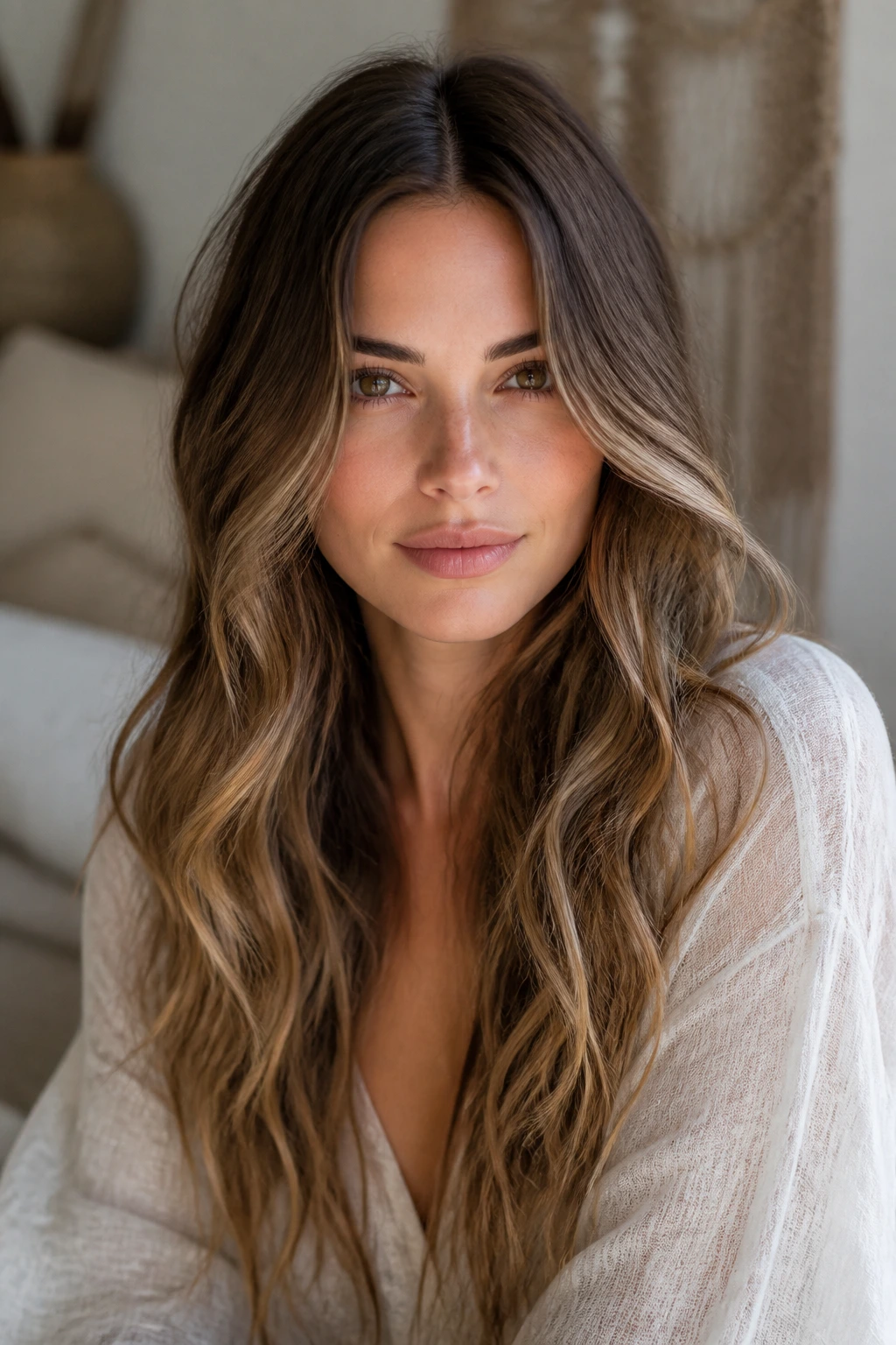 Portrait of a real person with long boho waves and a deep center part