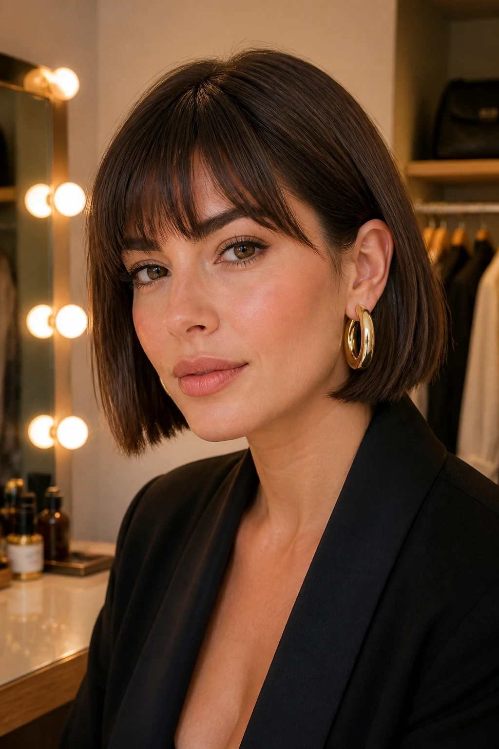 Close-up of a blunt jaw-length bob with bold gold earrings in a chic dressing room
