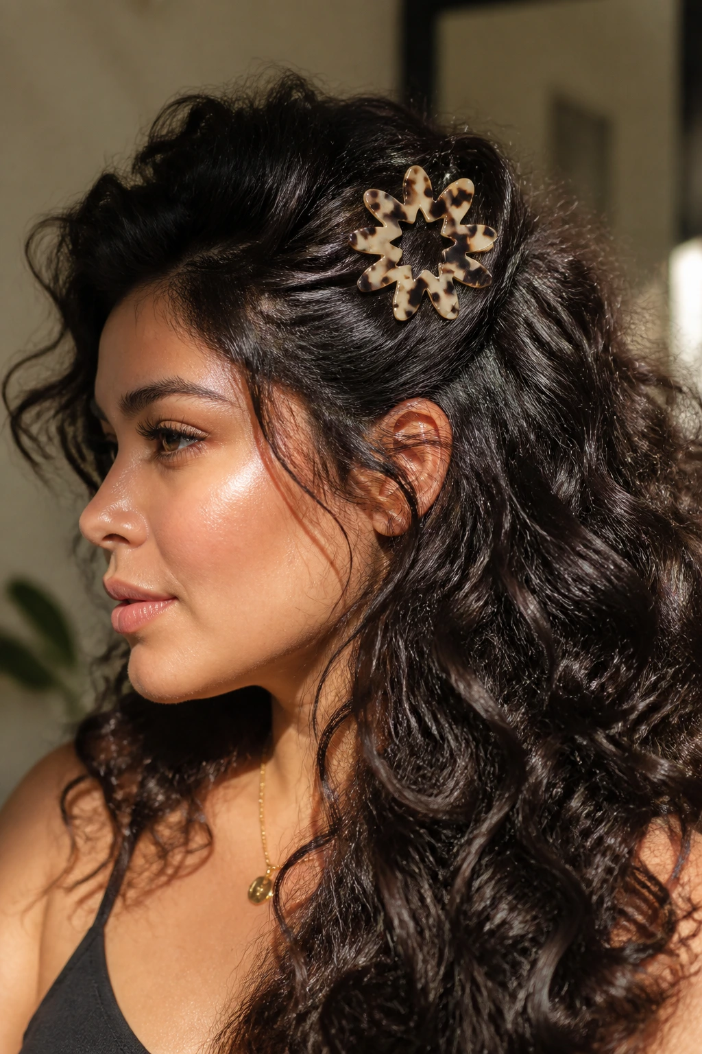 Close-up of real woman with a bold geometric barrette in her hair