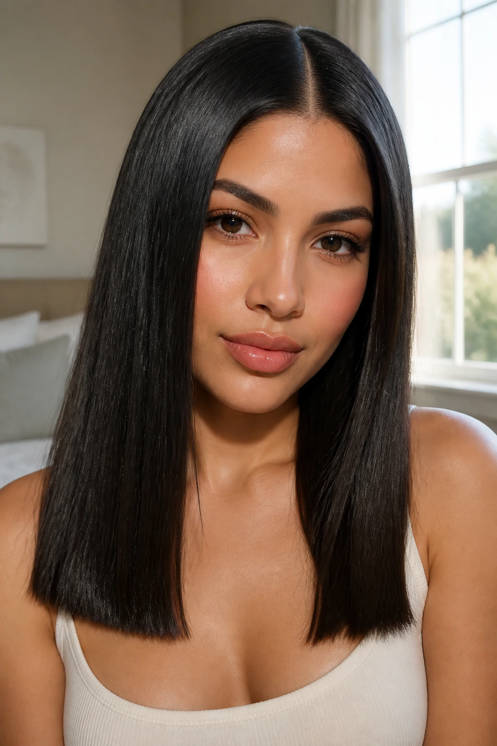 Close-up of a real woman's bone-straight center-parted hair with blunt ends and glossy shine.