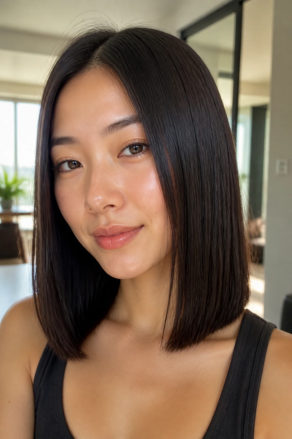 Close-up of a real person with bone-straight pressed-flat hair, shoulder-length