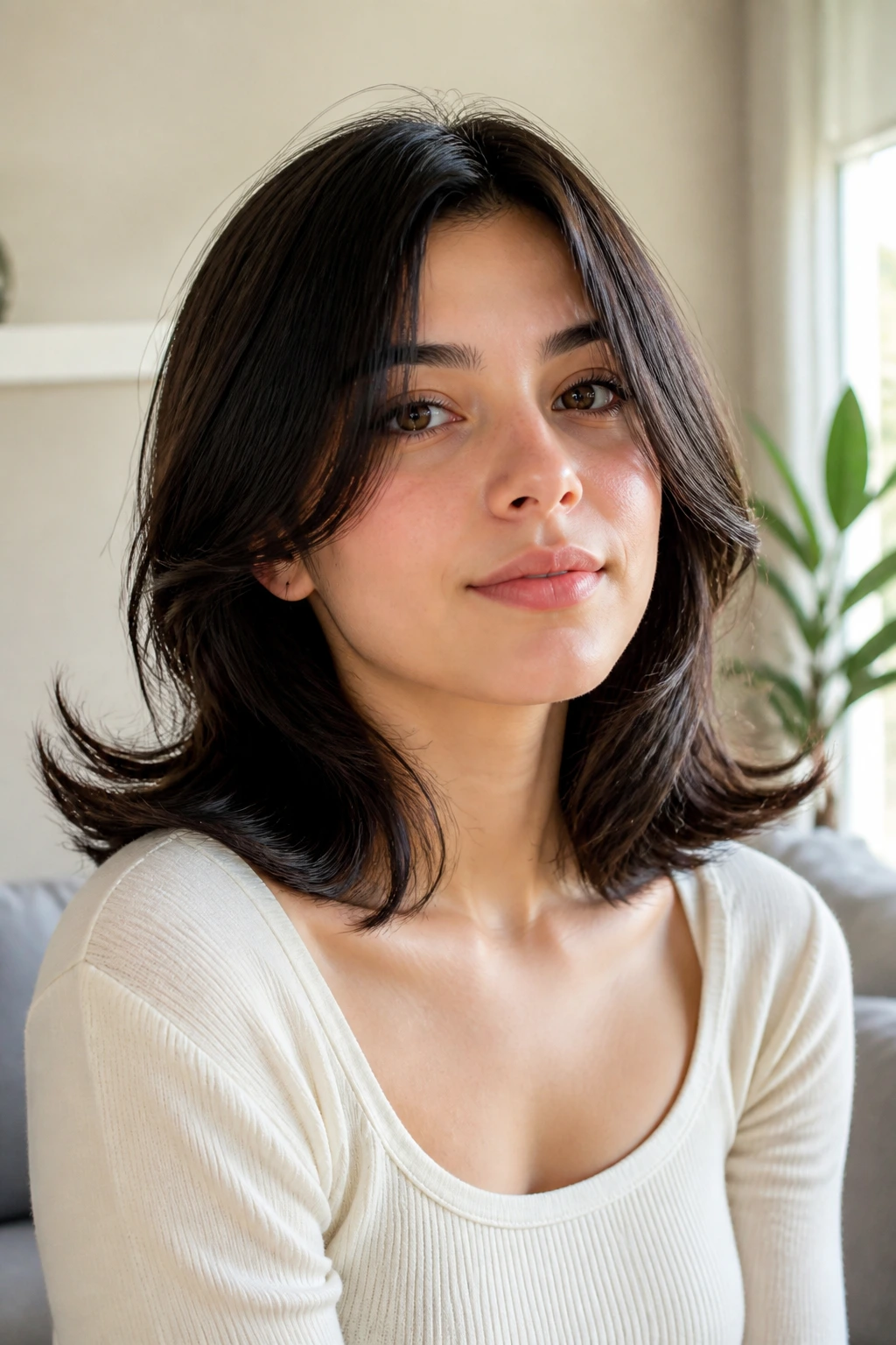 Close-up of real woman with Bonnie Cut outward flips