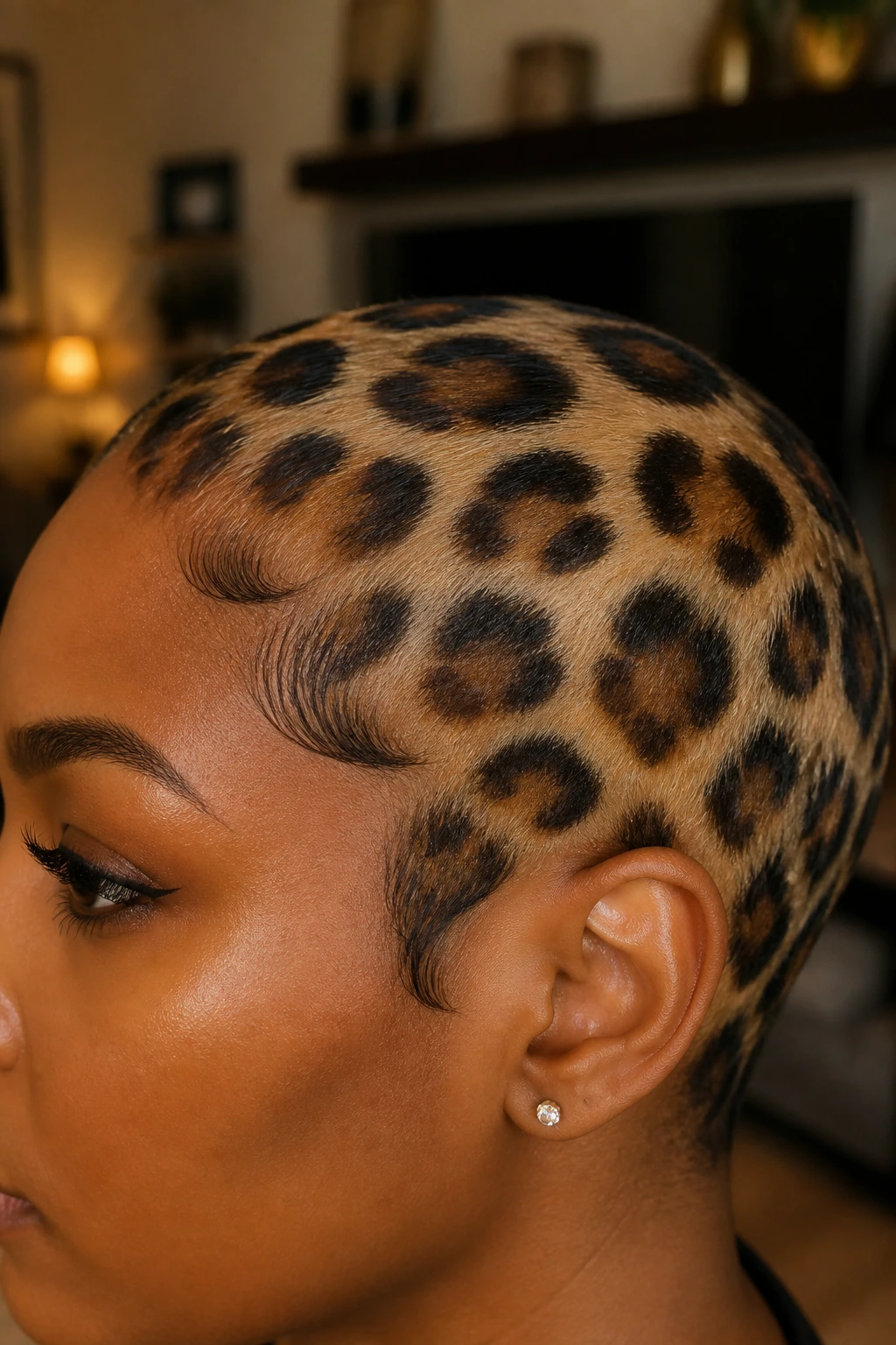 Close-up profile of leopard print hair with border contrast along hairline