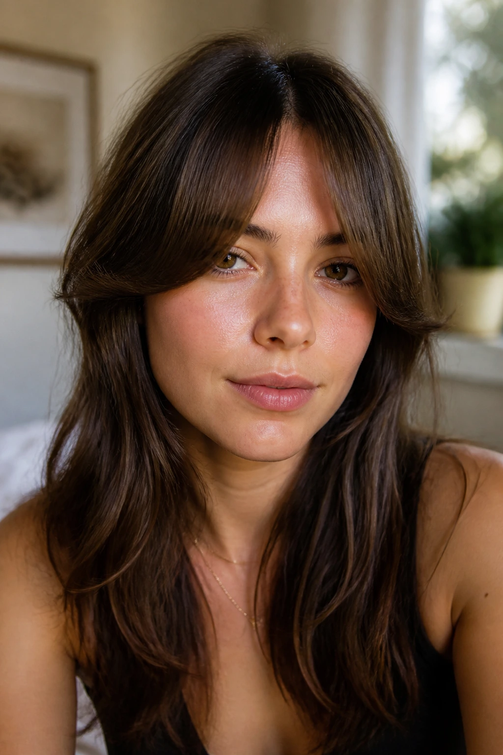Real person wearing tapered bottle bangs with a balanced, weighted fringe