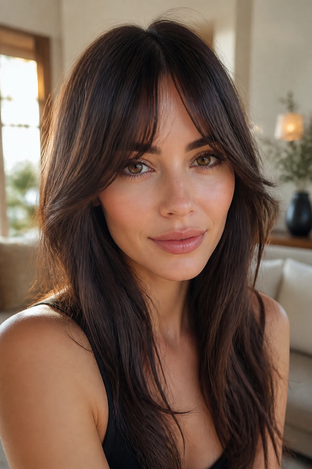 Close-up of a real woman with tapered bottleneck bangs framing the eyes