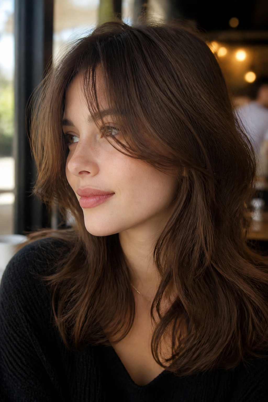 Portrait of a real woman with bottleneck bangs framing eyes and temples