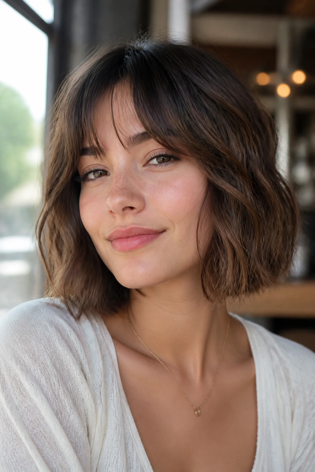 Portrait of a real woman with bottleneck bangs and a chin-length bob