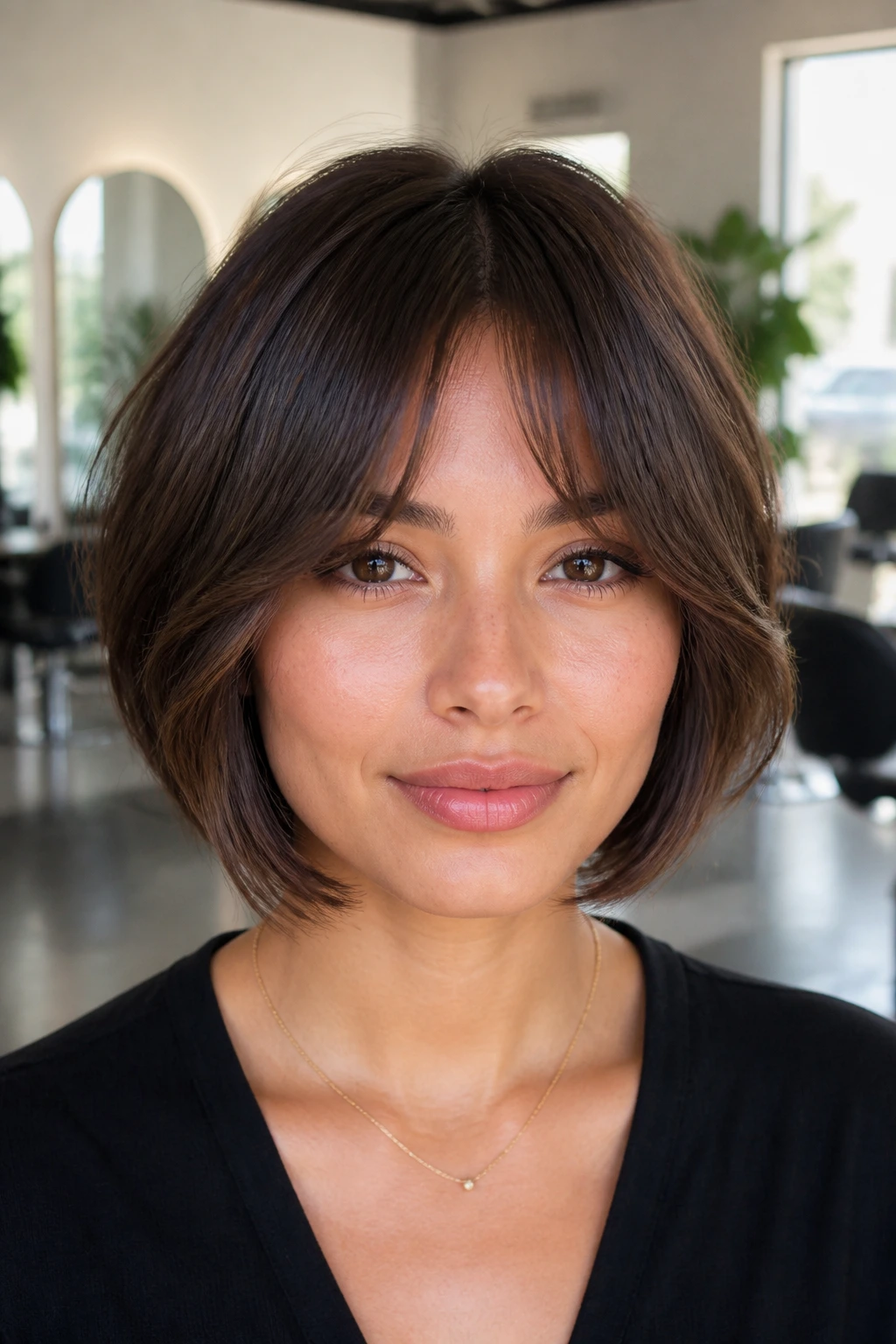 Close-up of bottleneck bangs on a real person with a bob