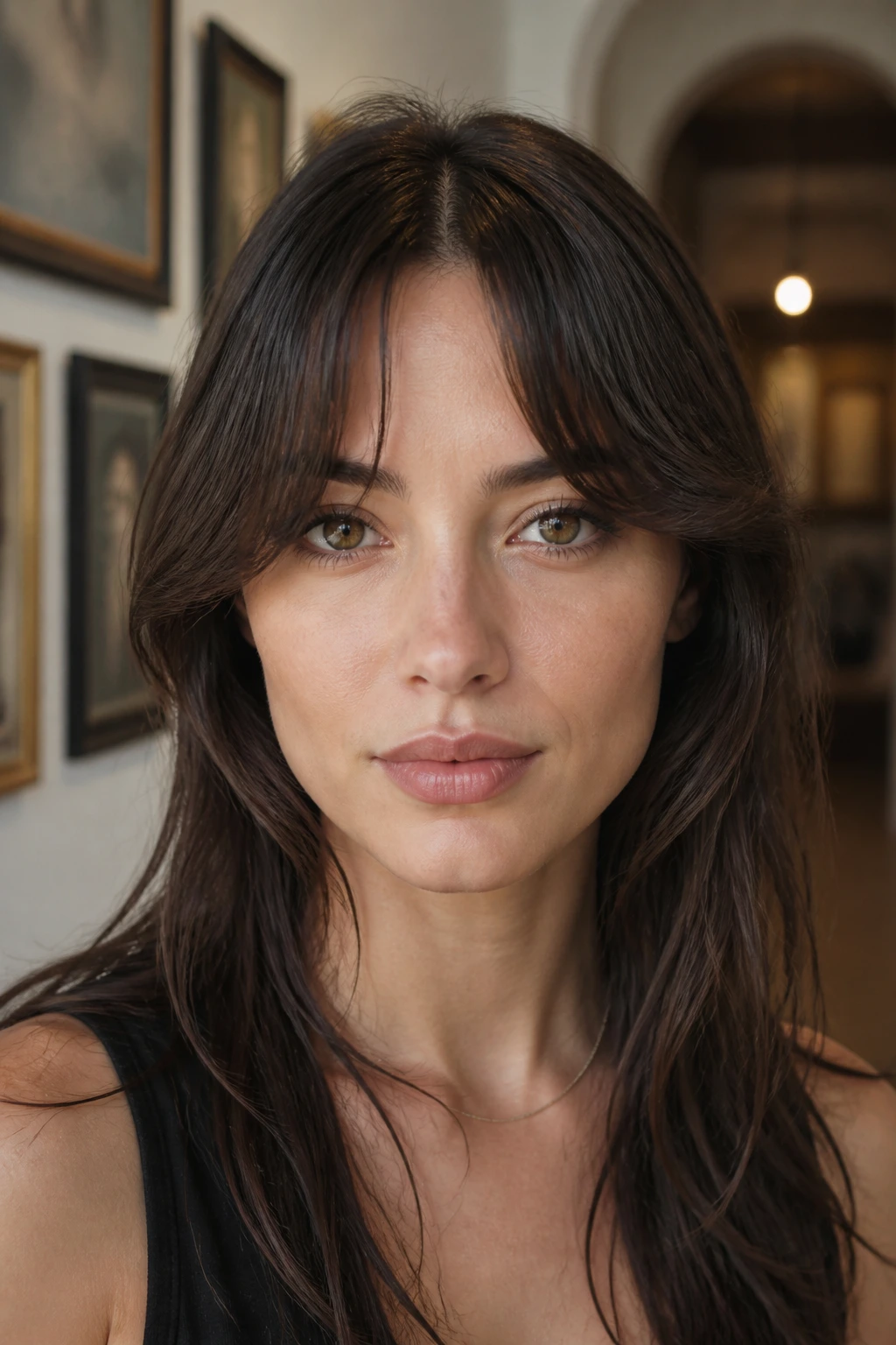 Close-up of a real woman with bottle-like bangs narrowing at the top and curving outward