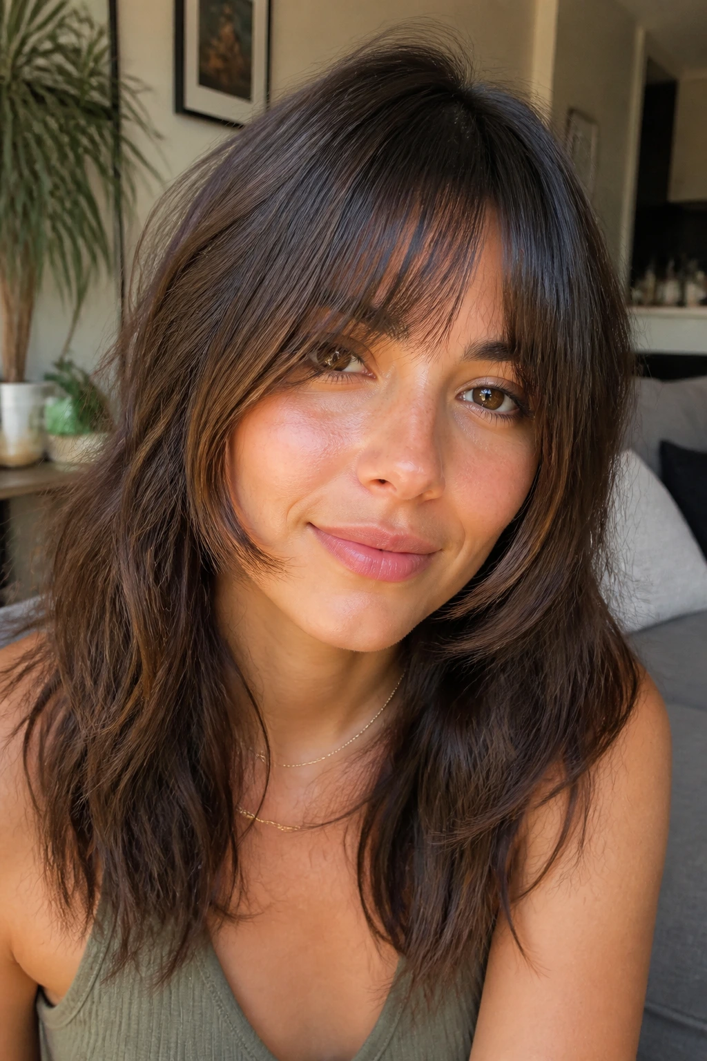 Close-up of a real person with bottleneck bangs that graze the cheeks