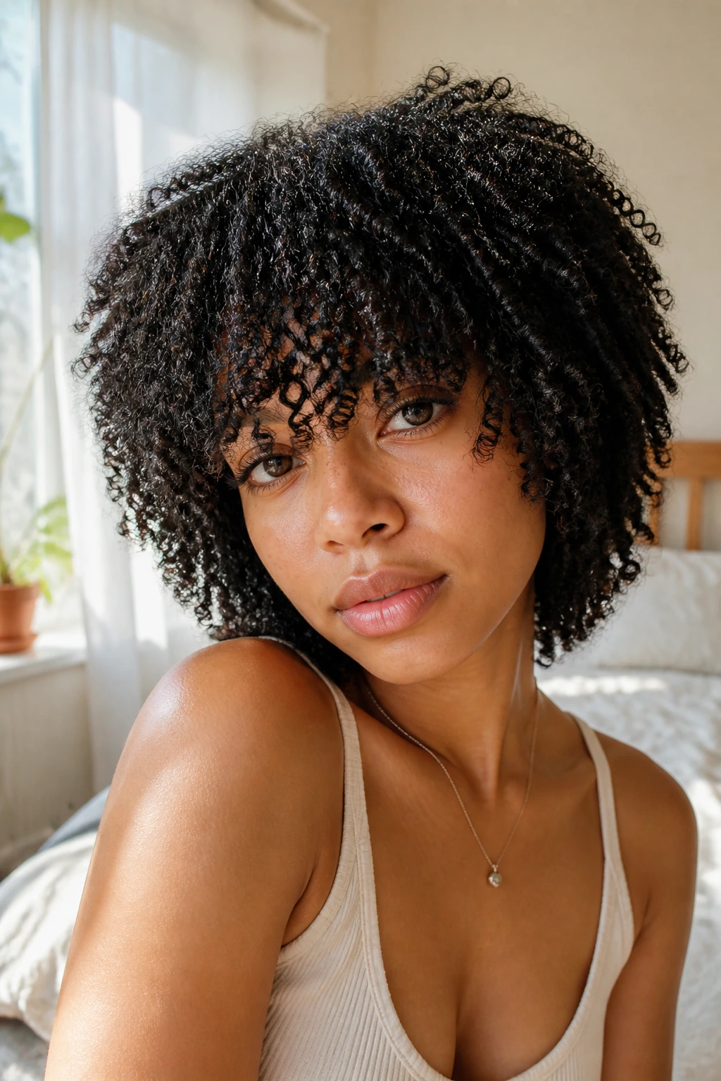 Close-up portrait of a real person with bottleneck bangs and coily hair under natural window light