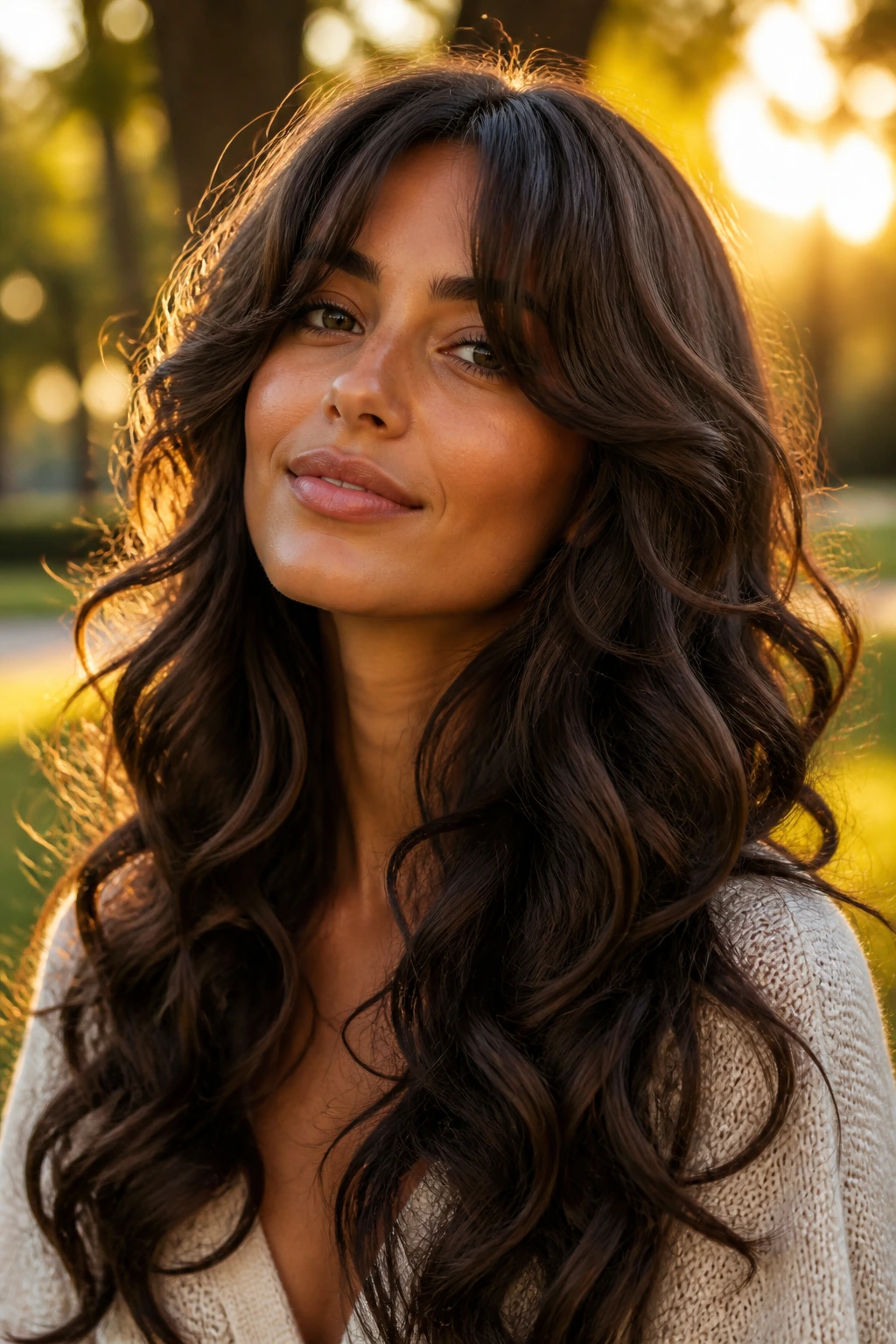 Close-up portrait of a real woman with bottleneck bangs and cascading curls.
