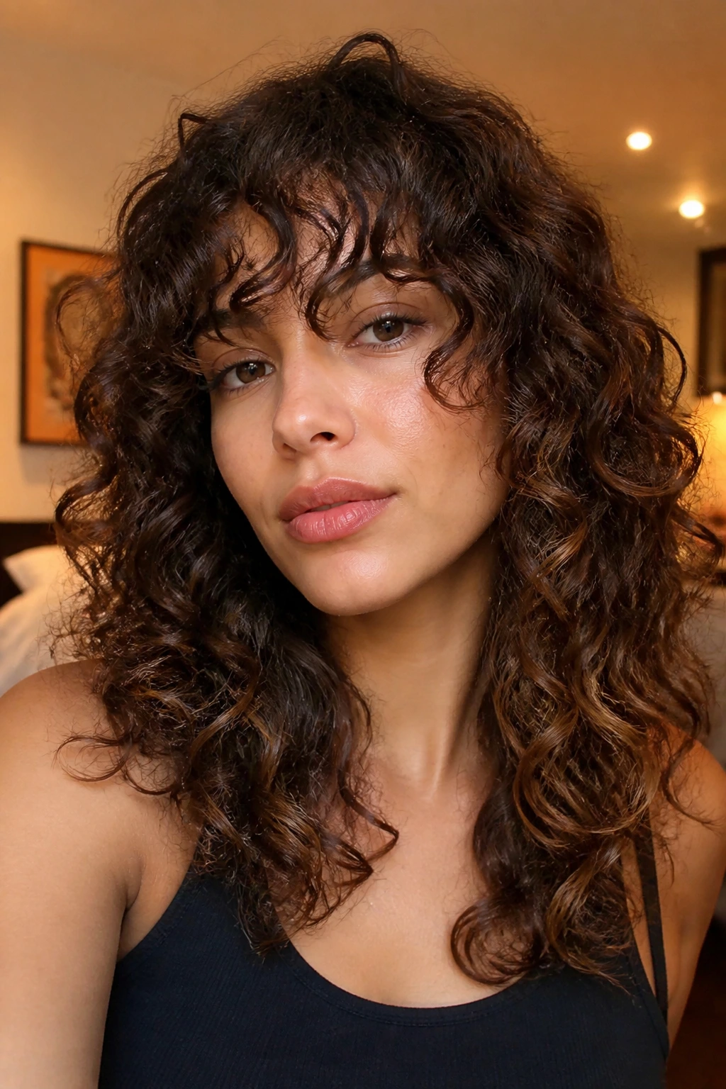 Close-up of bottleneck bangs with shorter center and longer sides on a real person