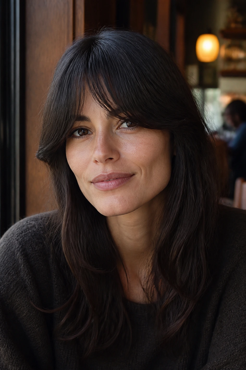 Close-up portrait of a real person with espresso side-swept bottleneck bangs.