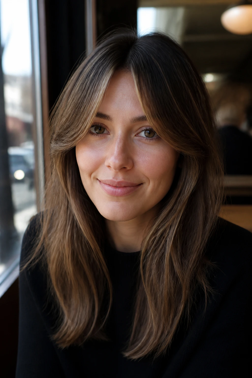 Portrait of a real woman with bottleneck bangs framing her face