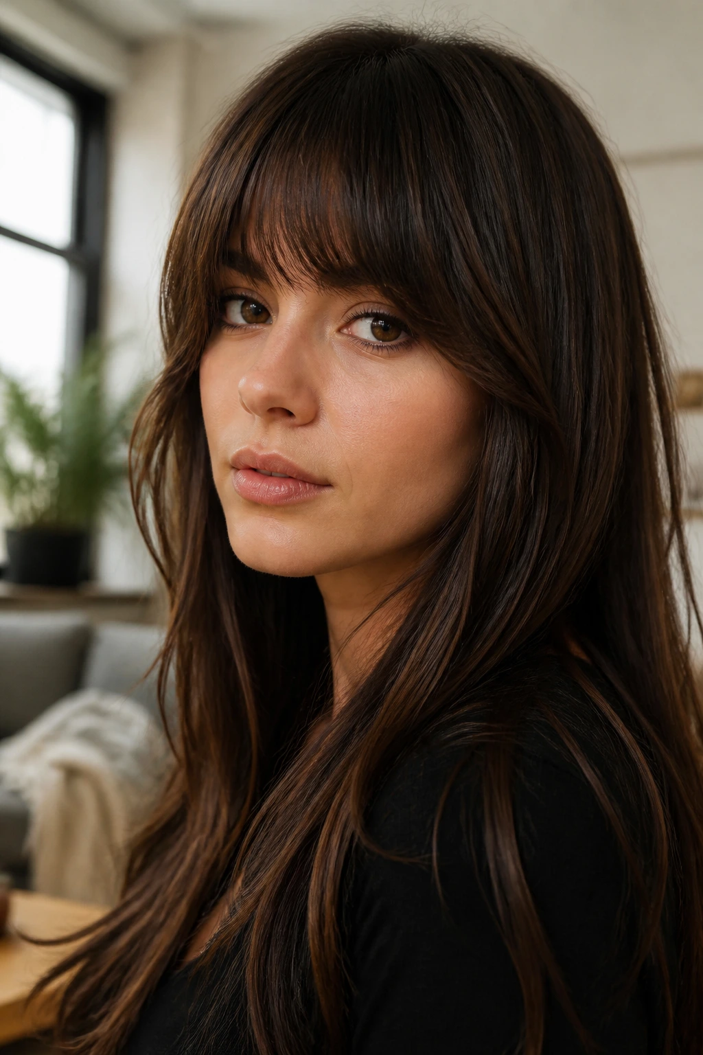 Real woman portrait highlighting curved straight bangs and bottleneck framing