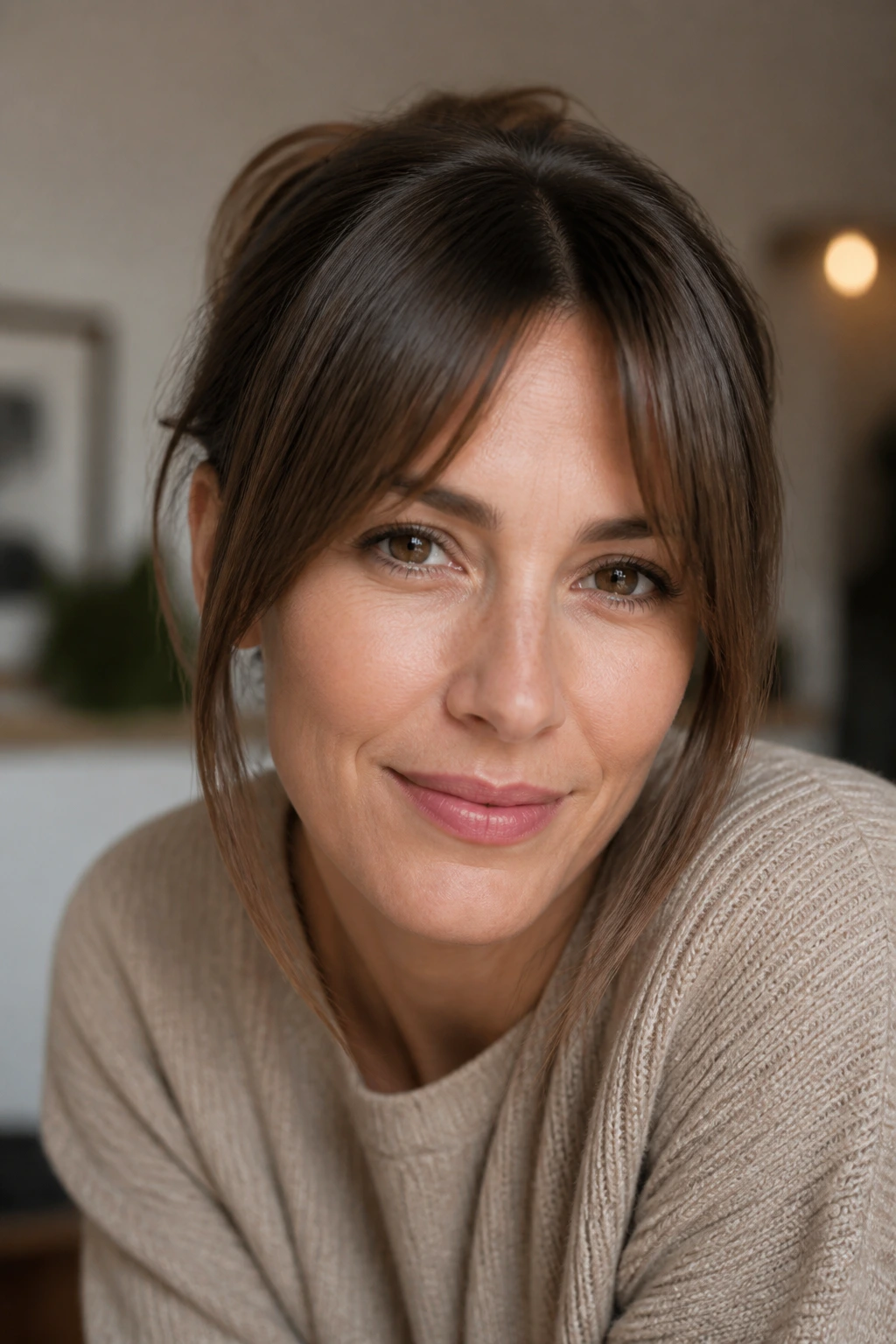 Close-up of a real woman with bottleneck bangs framing the forehead.
