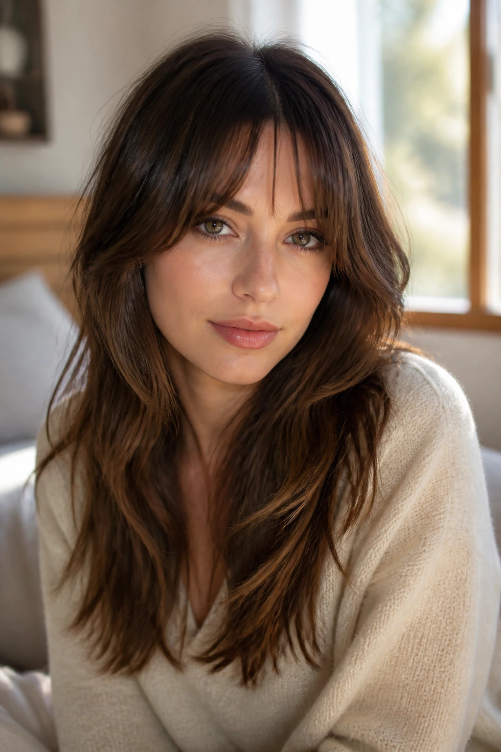 Close-up portrait of bottleneck bangs on a real woman, shorter center and longer temple-length sides.
