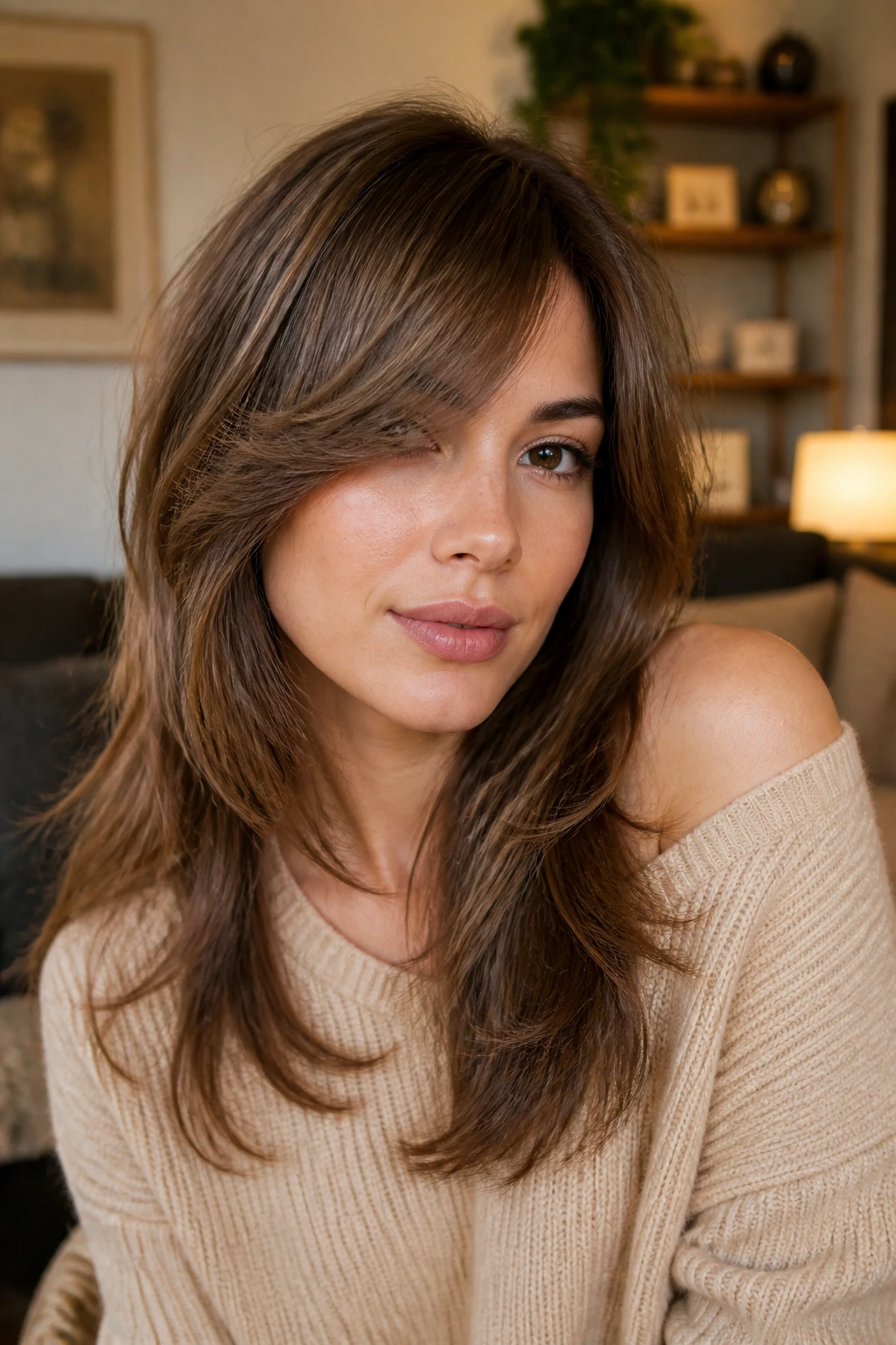 Portrait of a person wearing side-swept bottleneck bangs with internal layers