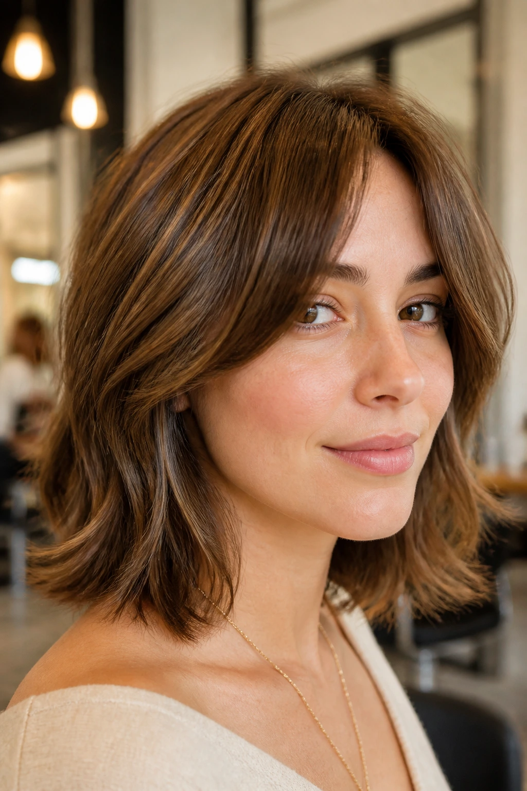 Close-up of a real woman with bottleneck bangs lob framing her face in warm salon light