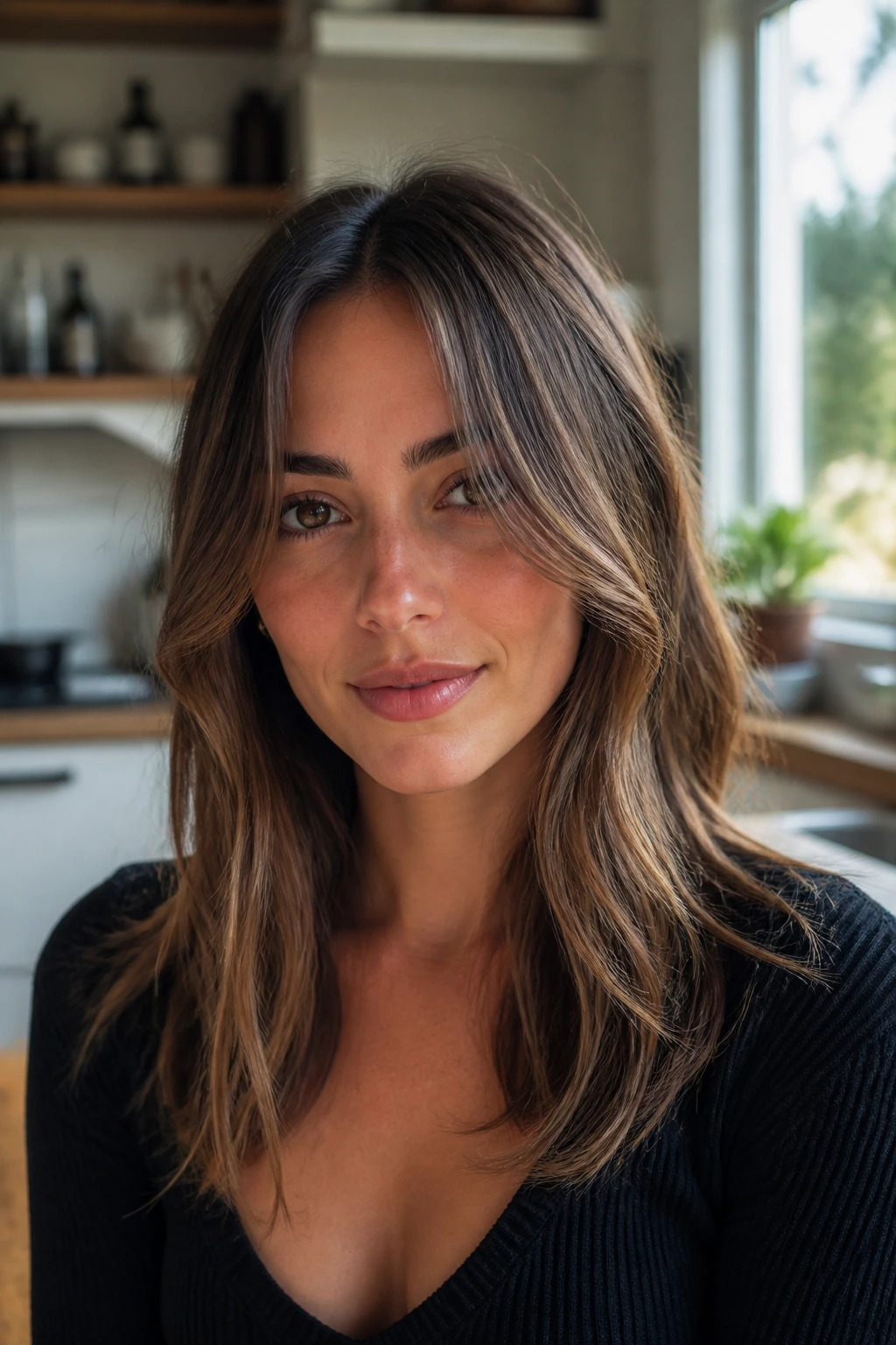 Close-up of a real person with bottleneck bangs