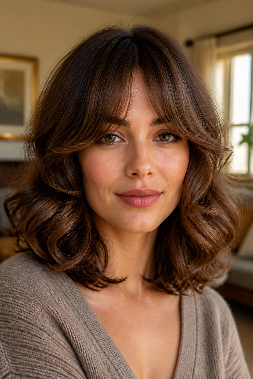 Close-up of a real woman with bottleneck bangs and loose barrel curls