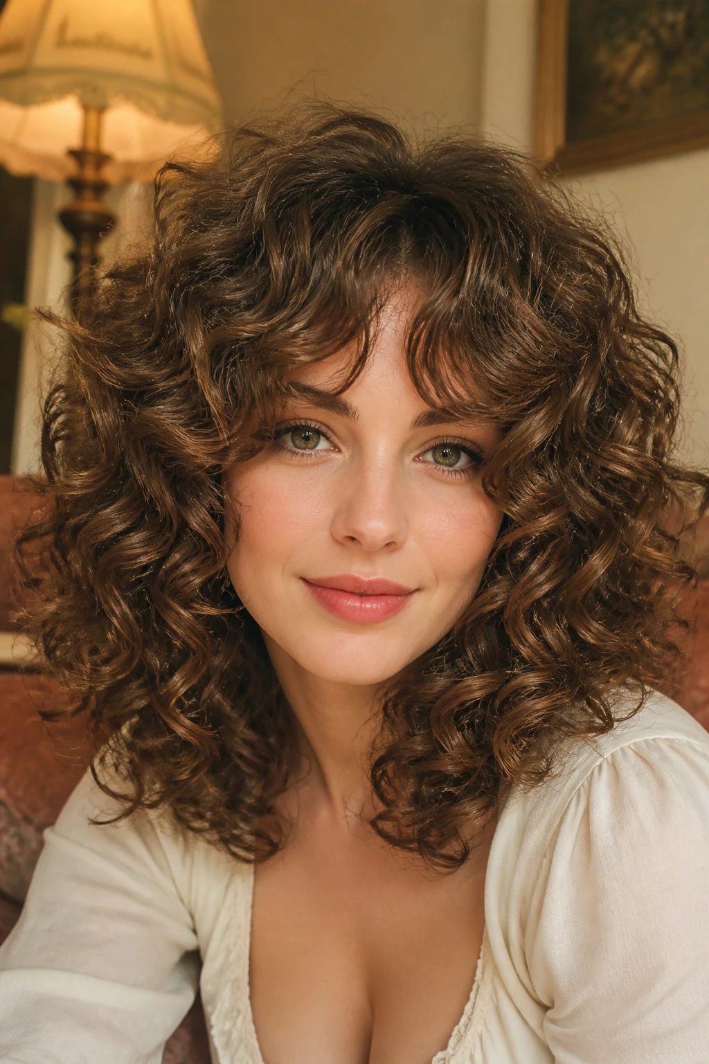 Real woman with bottleneck bangs and voluminous perm