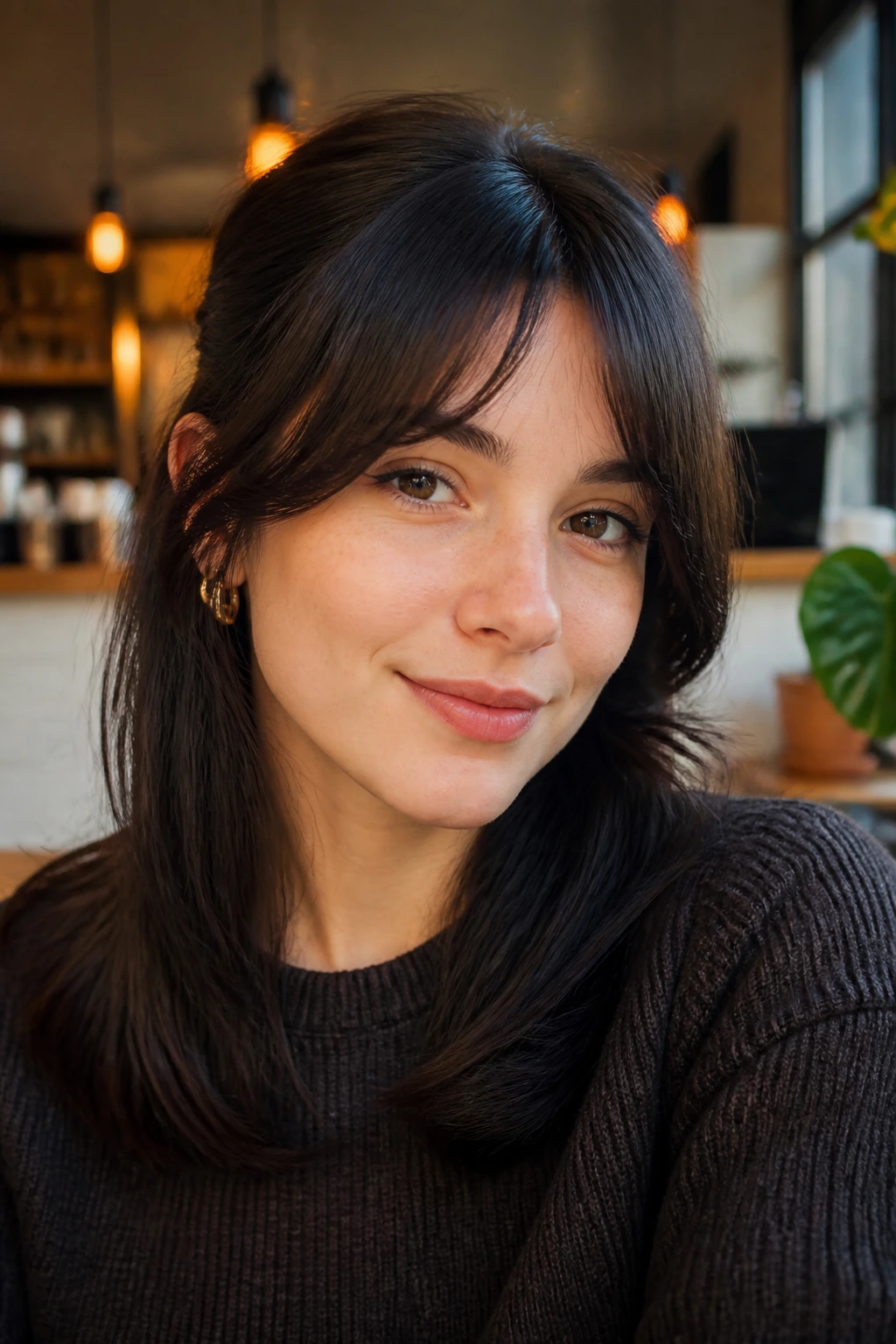 Portrait of person with bottleneck bangs in warm cafe setting